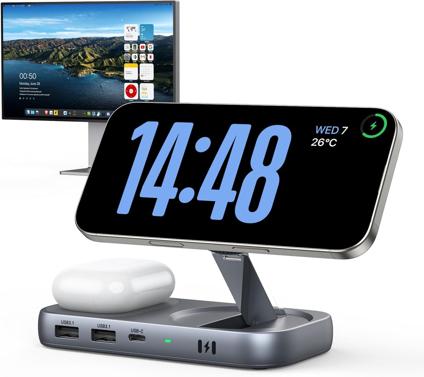 Selore USB C Hub with Wireless Charging for MacBook: 4K@60Hz HDMI, 100W PD, 15W Qi2 + 5W Wireless, 10Gbps Ports, iPhone Mirroring Docking Station & Magsafe Stand, Space-Saving Desk Organizer
