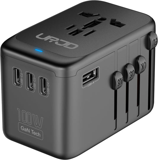 Universal Travel Adapter 100W GaN Fast Charger in One for Europe UK US | 5 USB C/A Ports + 2500W AC Outlet, For MacBook iPhone iPad Laptop Phone, International Power Adapter for 200+ Countries