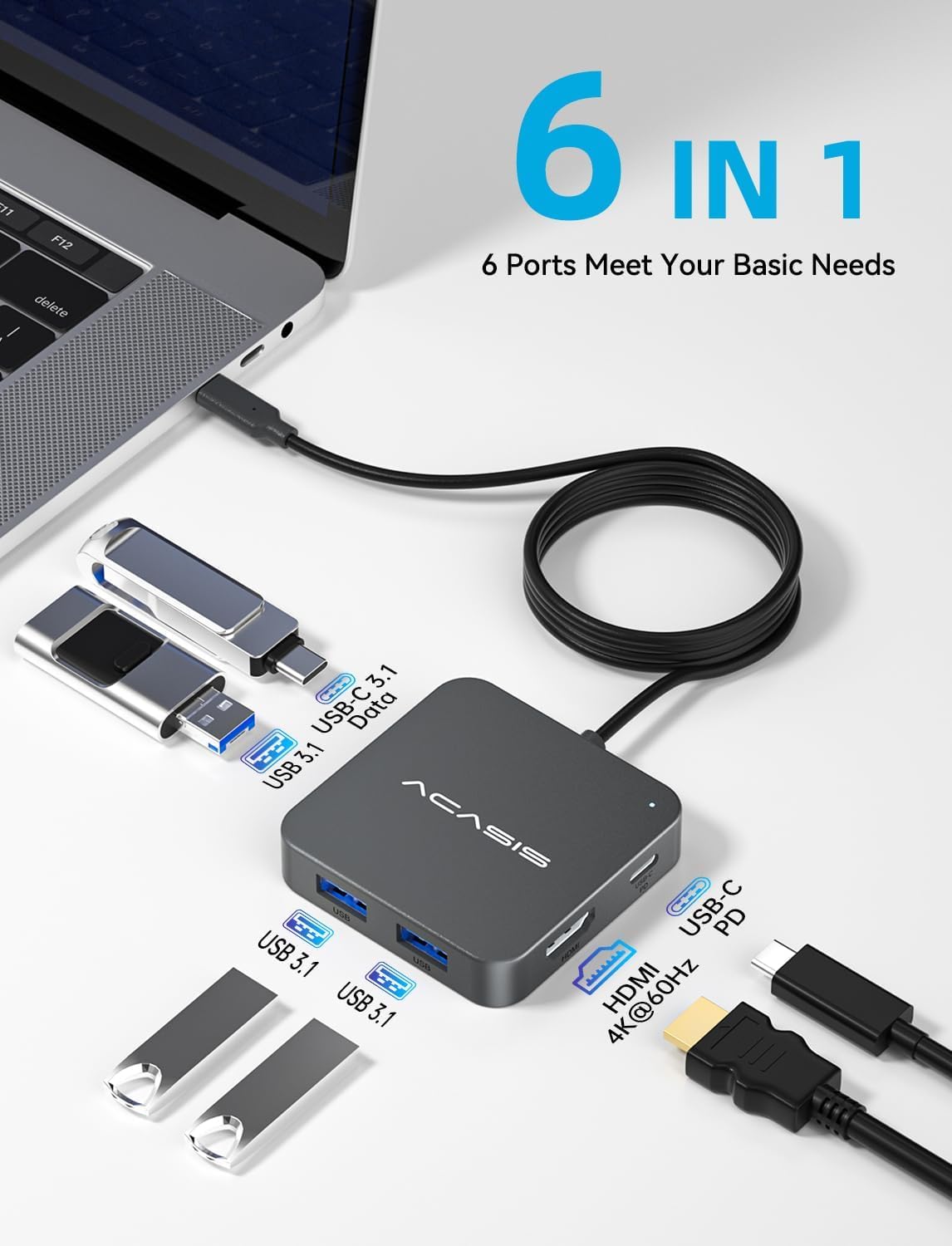 USB C Hub Long Cable 4FT 10Gbps, Multiport Adapter with 4K 60Hz HDMI, 100W Power Delivery, 3 USB A3.1+1 USB-C 3.1 Data Port, USB C to HDMI Adapter for MacBook, Dell, Lenovo, Surface, iPad PRO