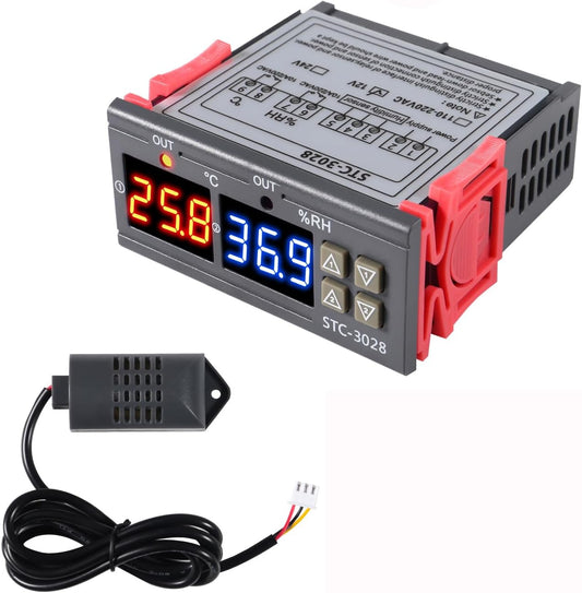 STC-3028 Temperature Controller 12V Temperature and Humidity Controller Meter with Integrated Sensor Dual Digital Display Thermometer Hygrometer Incubator Controller
