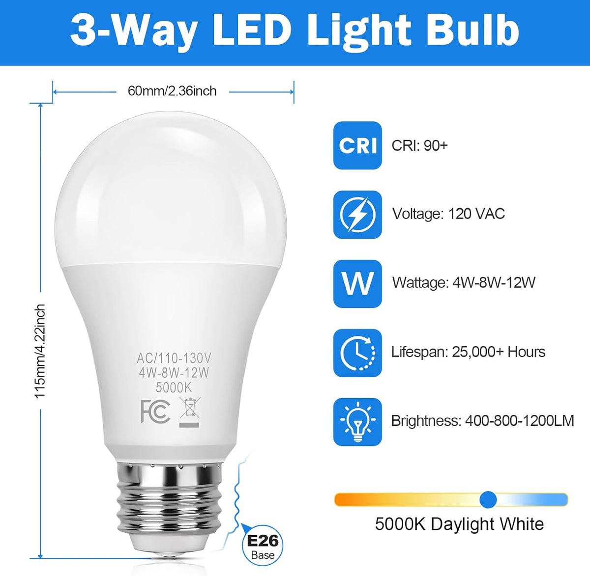 3 Way Light Bulbs 40 70 100W Equivalent, 4/8/12W Three Way LED Light Bulbs