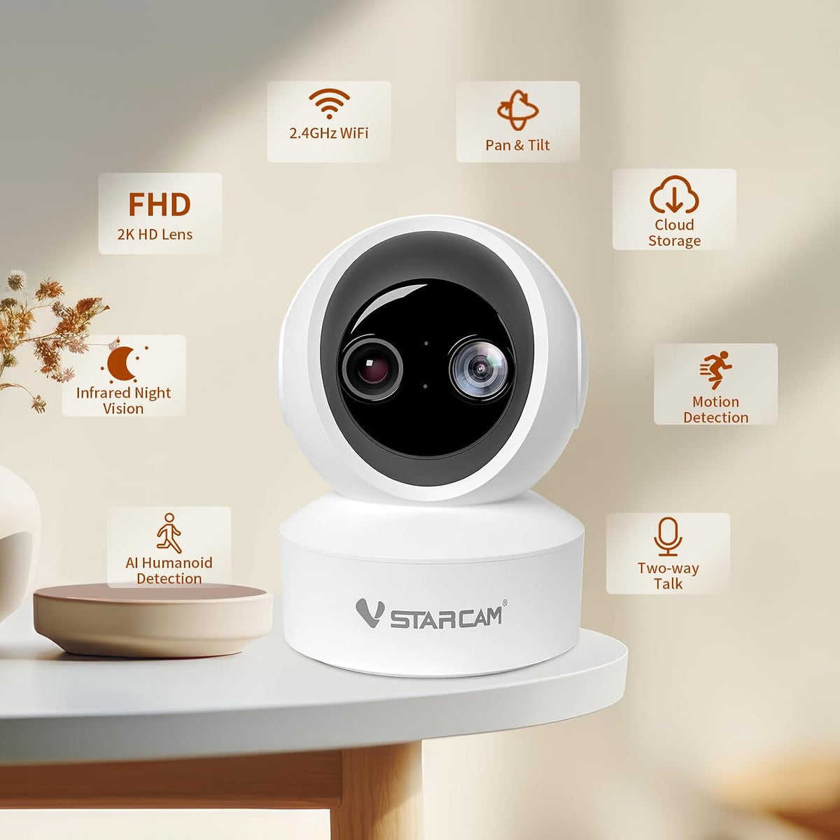 VSTARCAM 2K HD Pet Camera with Phone App, Indoor Camera for Home Night Vision, 2-Way Audio, Motion Detection, 2.4G WiFi Dual Monitor, 7/24 Recording, Cloud/SD Card Storage