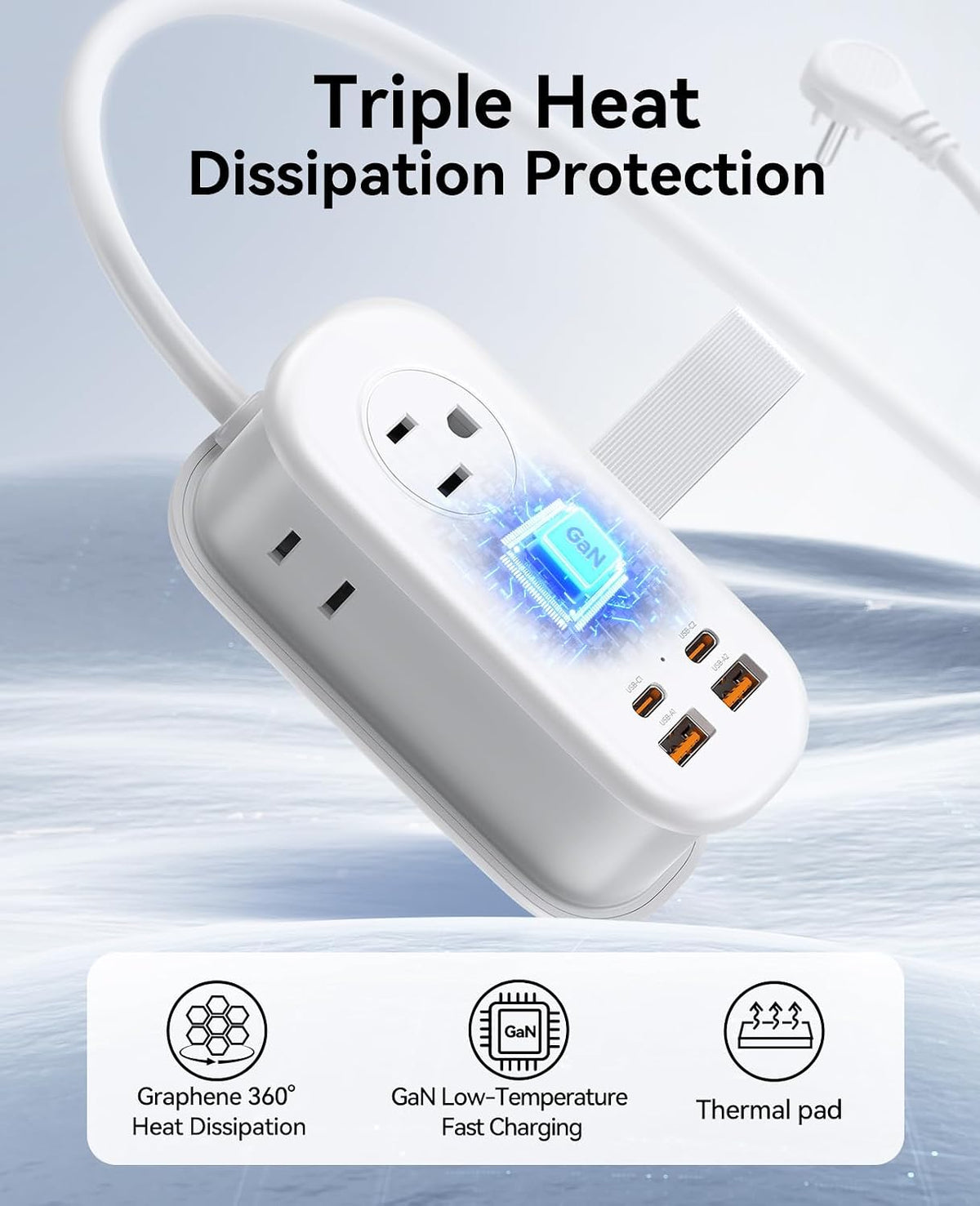 ORICO 65W GaN Travel Power Strip with Flat Plug and 4FT Extension Cord | 7-in-1 Charging Ports (3 AC Outlets/2 USB-A/2 USB-C), Fast Charger for MacBook Pro/Air, iPad Pro, iPhone 17/16/15- AP3
