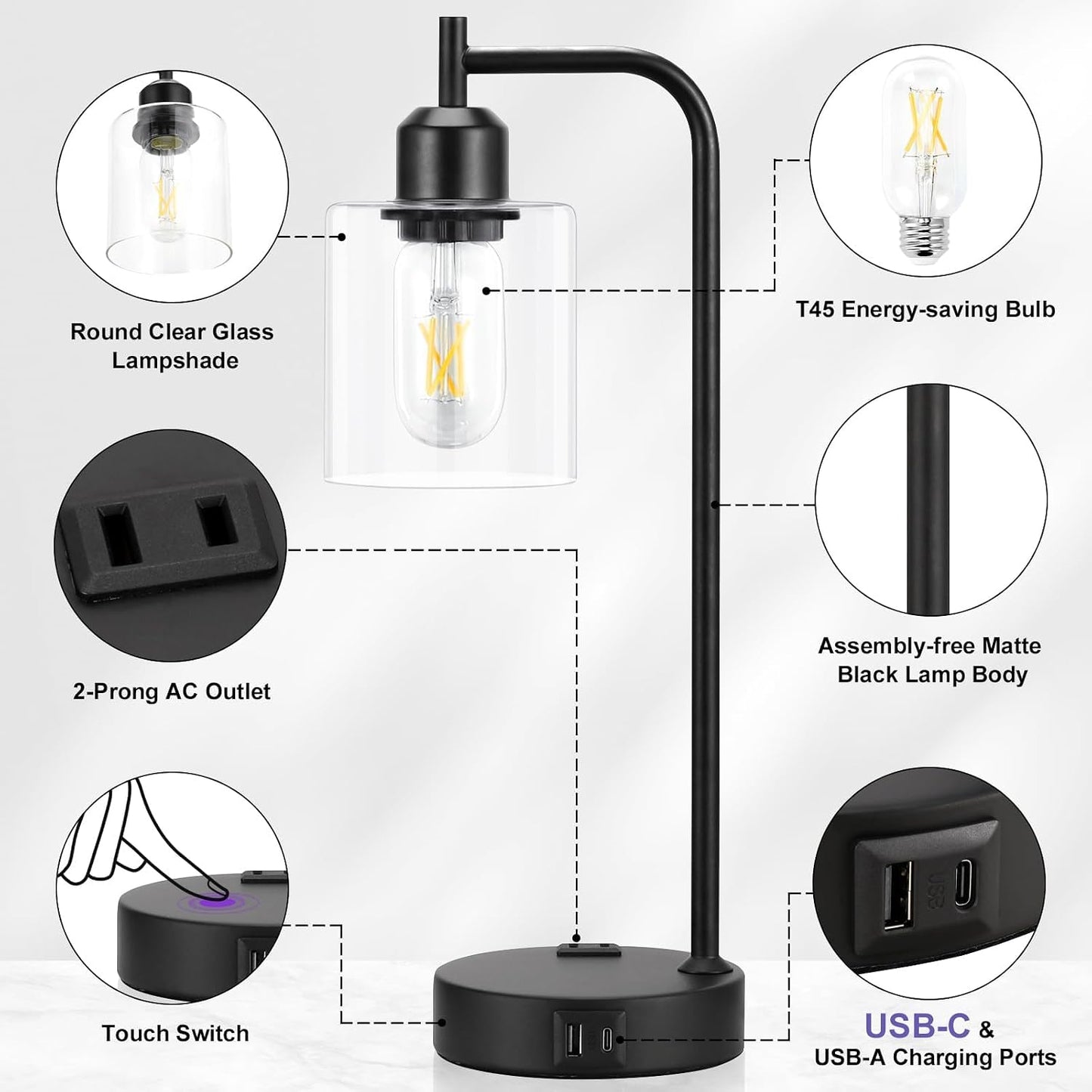 Industrial Touch Lamps for Nightstand Set of 2, 3-Way Dimmable Bedside Lamp | Glass Shade, USB C+A Charging Port & Outlet, Black Desk Lamps for Bedroom, Living Room, Home Office, Reading