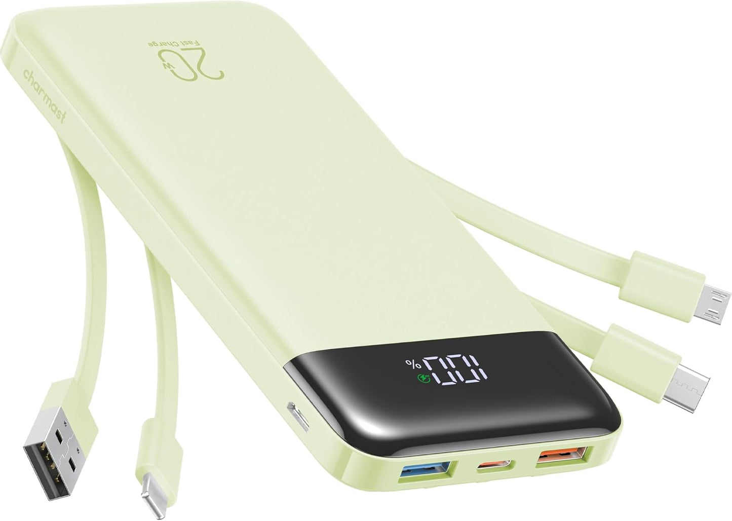 charmast 20000mAh Portable Charger with Built in Cables, 22.5W Travel Power Bank Fast Charging, USB C Cell Phone Battery Pack for iPhone 17/16/15/14/13/12 Series, iPad, Samsung, Android, Tablet
