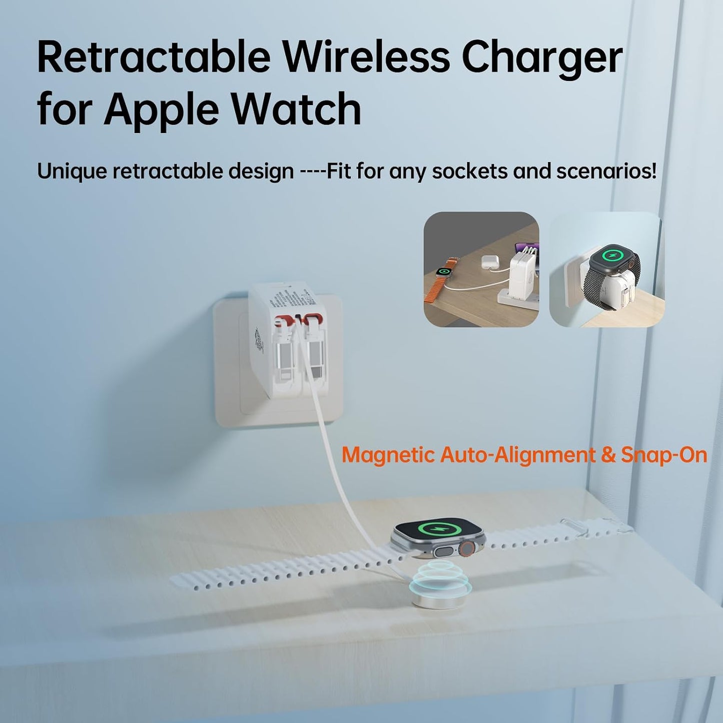 5-in-1 Retractable Apple Watch Charger, 35W Travel Wall Charger | Built-in 3.2ft USB-C, Older iPhone & Apple Watch Charging Cables, USB-A + USB-C Ports, Foldable Plug for Travel
