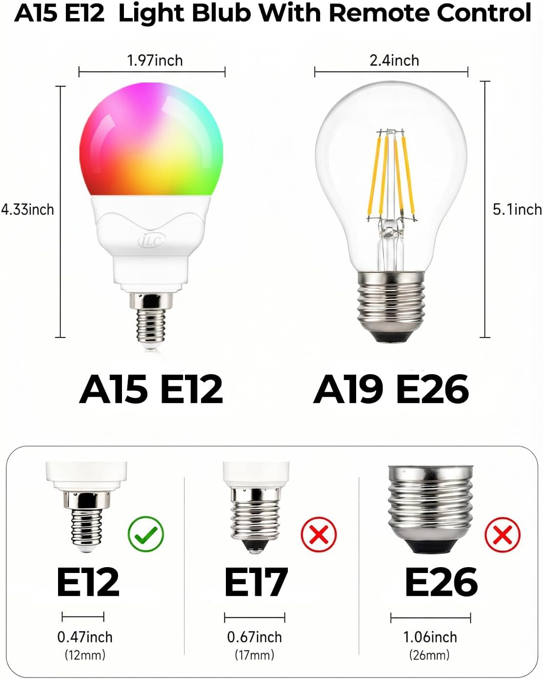 ILC E12 LED Light Bulbs (40w Equivalent) 5W, Color Changing RGB, 5700K Daylight White, Small Base Candelabra Round Light Bulb, A15 Candle Base, 12 Colors 2 Modes Timing with Remote Control (4 Pack)