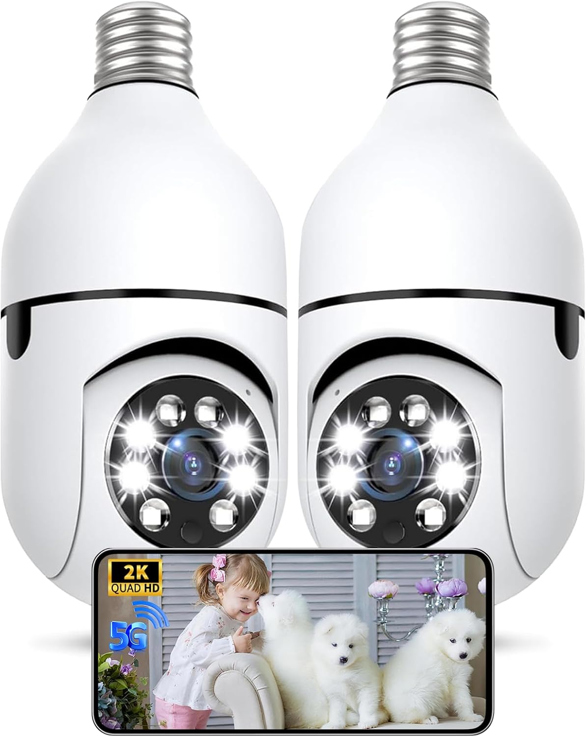 Light Bulb Security Camera Outdoor, 2K 5GHz & 2.4GHz WiFi Bulb Cameras for Home Security, 360° PTZ Wireless Cam with AI Human Detection, Color Night Vision, 2-Way Talk, Screw-in Light Socket