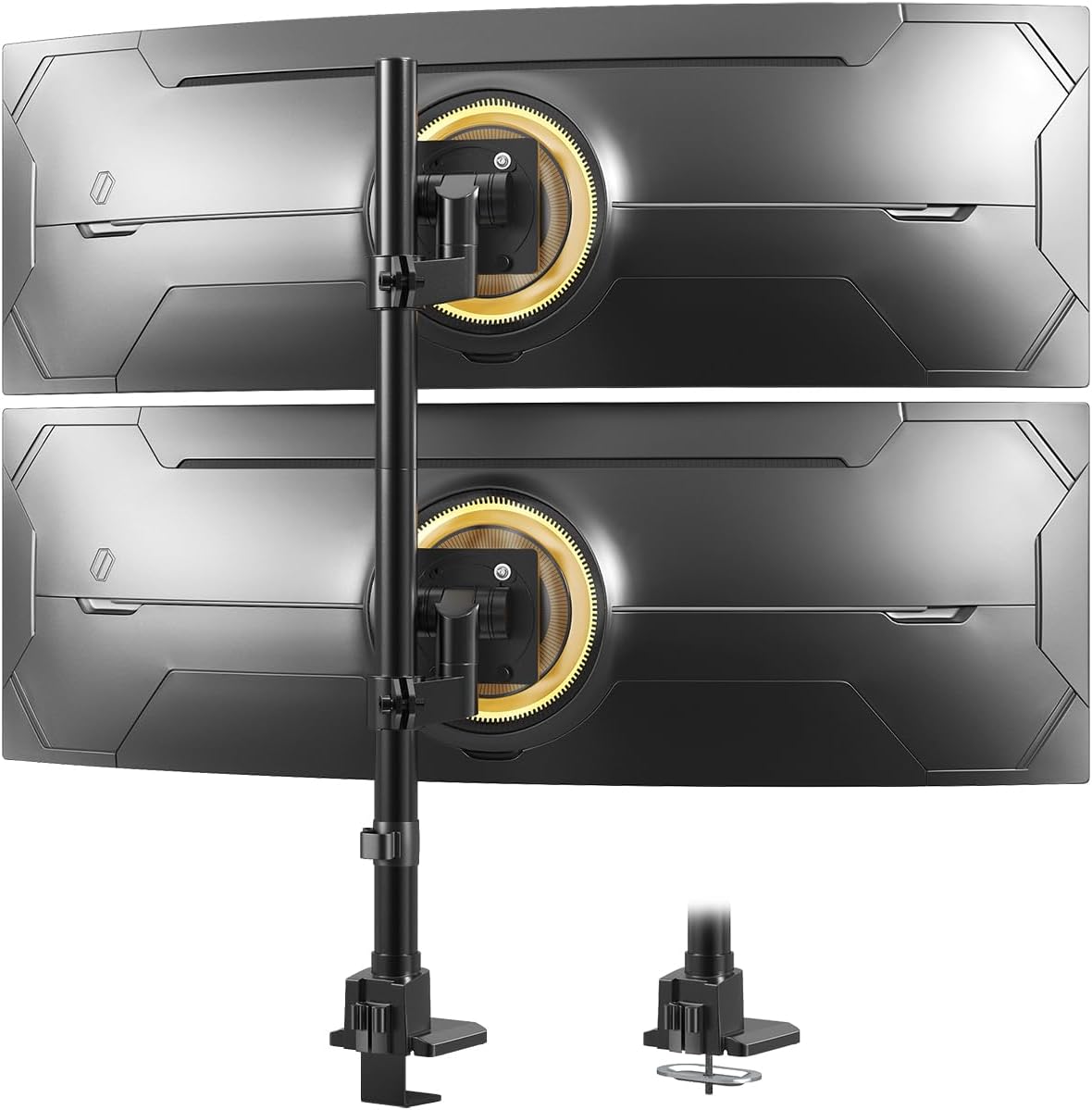 Dual Ultrawide Monitor Mount for 24-57'' Screens, Max Load 59.4 lbs per Arm | Vertically Stacked, Heavy Duty, Aluminum, Fully Adjustable, Topside Clamp/Grommet Mounting, VESA 75/100 mm, Black
