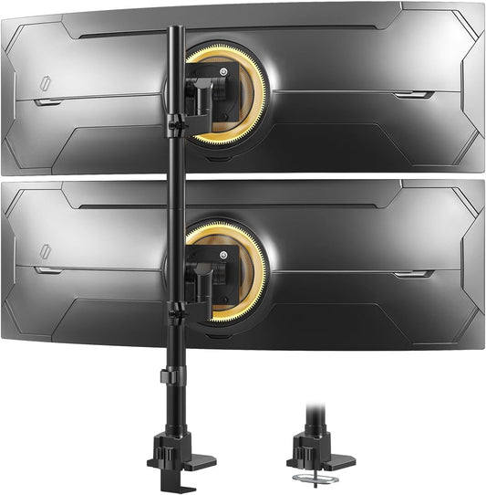 Dual Ultrawide Monitor Mount for 24-57'' Screens, Max Load 59.4 lbs per Arm | Vertically Stacked, Heavy Duty, Aluminum, Fully Adjustable, Topside Clamp/Grommet Mounting, VESA 75/100 mm, Black