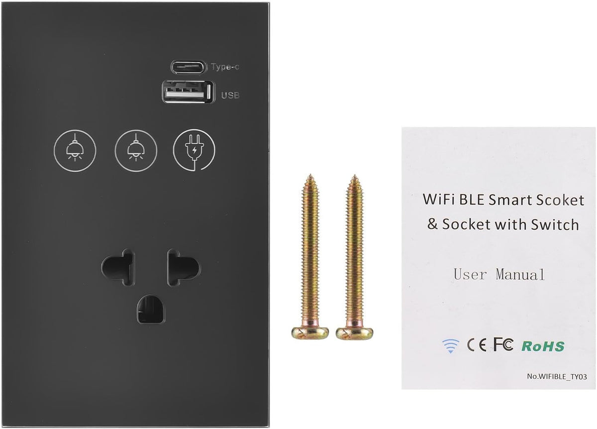 2.4GHz WiFi Light Switch with Type-C USB Power Outlet Neutral Wire Required 2 Way Control Tempered Glass Panel Timing Light Switch APP Voice Remote Control Smart Home Devices