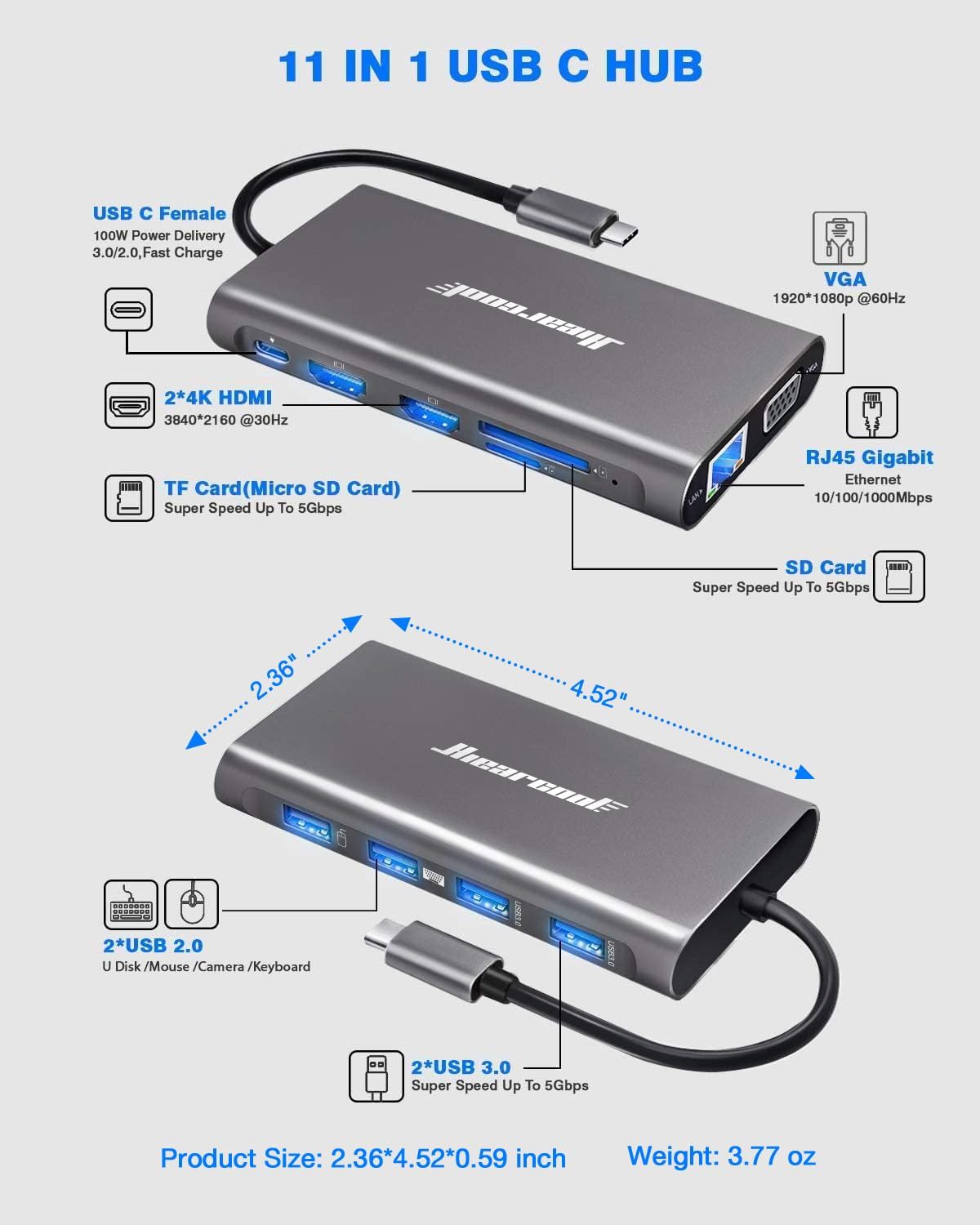 Hiearcool USB-C Docking Station for Laptop, Triple Display Dock with 4K HDMI & 1080p VGA, 11-in-1 USB-C Dock with Ethernet, 100W Charging for Home Office