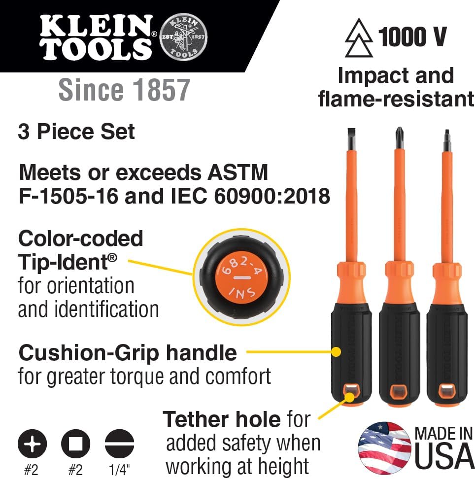 Klein Tools 85073INS Insulated Screwdriver Set, Made in USA, features 1000V Phillips, Slotted and Square Tips, Cushion Grip Handles, 3-Piece