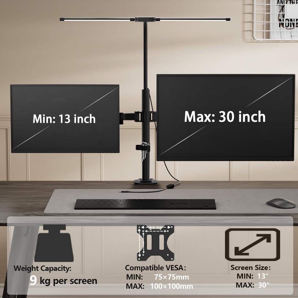 Dual Monitor Stand with LED Desk Lamp,Dual Monitor Mount for Desk Holds up to 30 Inches Screens, Supports 19.84 lbs per Monitor Arm, Swivel, Rotate and Tilt 2 Monitor Desk Mount