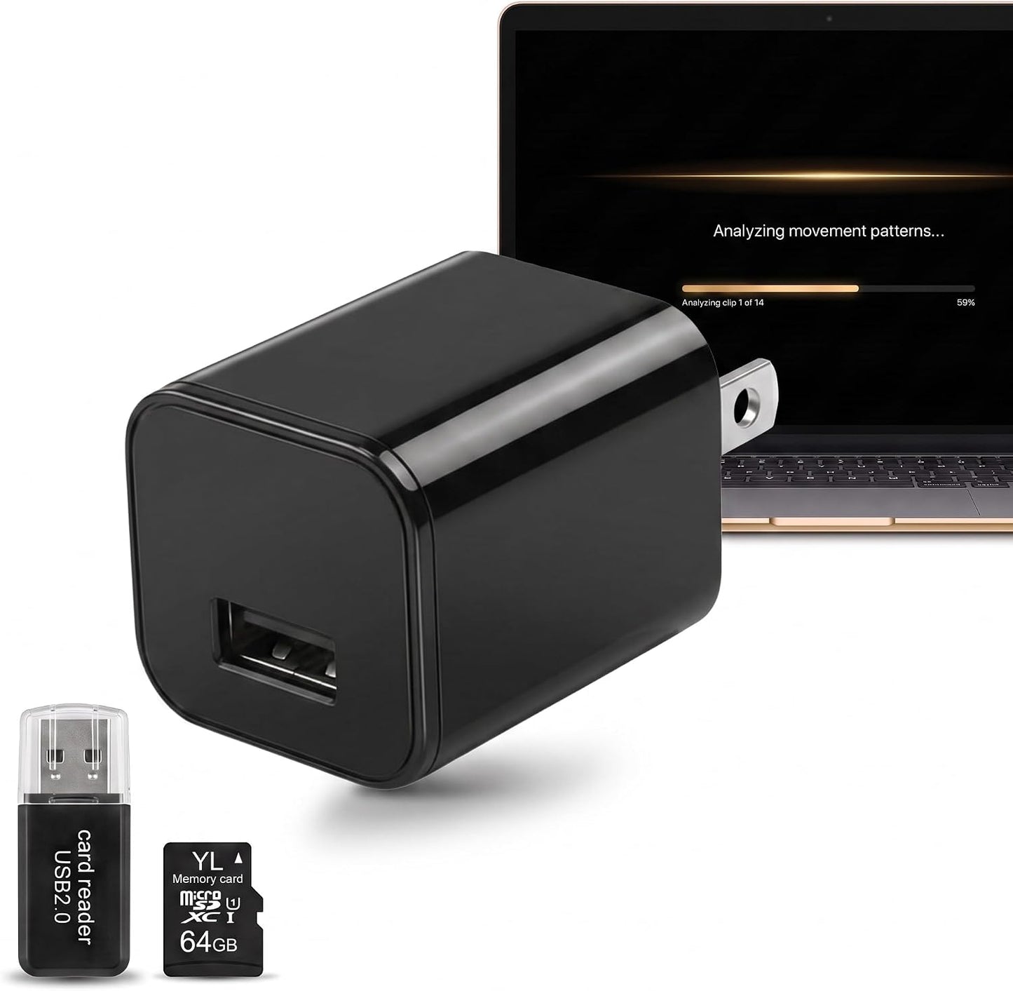 Hidden Camera Charger, No WiFi Needed, 1080P HD Indoor Security Camera & Nanny Cam, 64GB SD Card Included, Motion Detection, AI Security App, USB Wall Charger for Home & Office