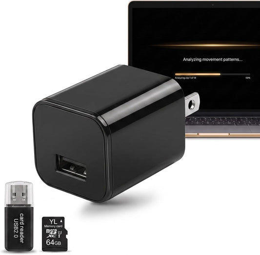 Hidden Camera Charger, No WiFi Needed, 1080P HD Indoor Security Camera & Nanny Cam, 64GB SD Card Included, Motion Detection, AI Security App, USB Wall Charger for Home & Office