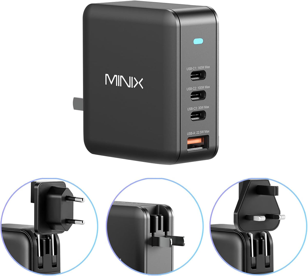MINIX 165W USB C Charger, 140W PD 3.1 GaN Fast Charging Station for MacBook | 4-Port Travel Power Adapter (US/EU/UK Plugs) for MacBook Pro 16", iPad Pro, iPhone 17 16 Pro Max, Galaxy S25 S24, Steam Deck