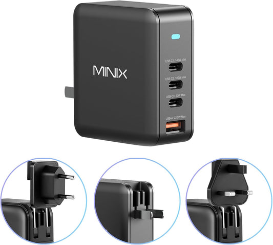 MINIX 165W USB C Charger, 140W PD 3.1 GaN Fast Charging Station for MacBook | 4-Port Travel Power Adapter (US/EU/UK Plugs) for MacBook Pro 16", iPad Pro, iPhone 17 16 Pro Max, Galaxy S25 S24, Steam Deck