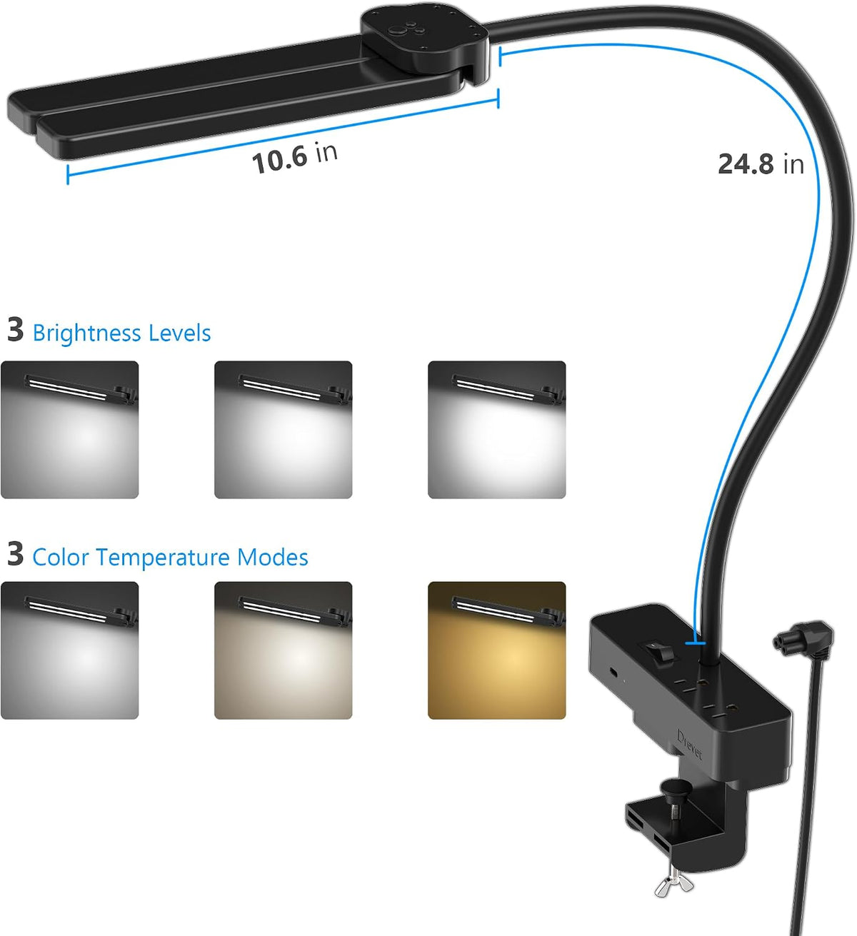 Drevet Led Desk Lamp for Office Home, Eye Caring Architect lamp with Clamp, 2AC&1USB-C Charging Port, 3 Brightness & 3 Color Modes Flexible Adjustable Lighting Table Lamp for Study Drafting