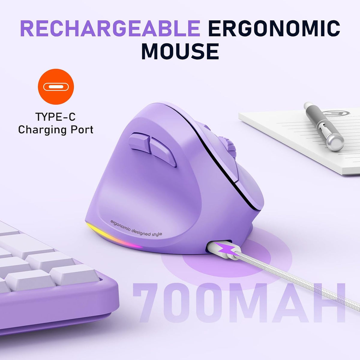 MEETION Left-Handed Wireless Ergonomic Vertical Mouse, Rechargeable -Purple | Dual Bluetooth 5.2/3.0 + USB, RGB lighting, 4 adjustable DPI, compatible with Windows, Mac, PC, iPad and tablets