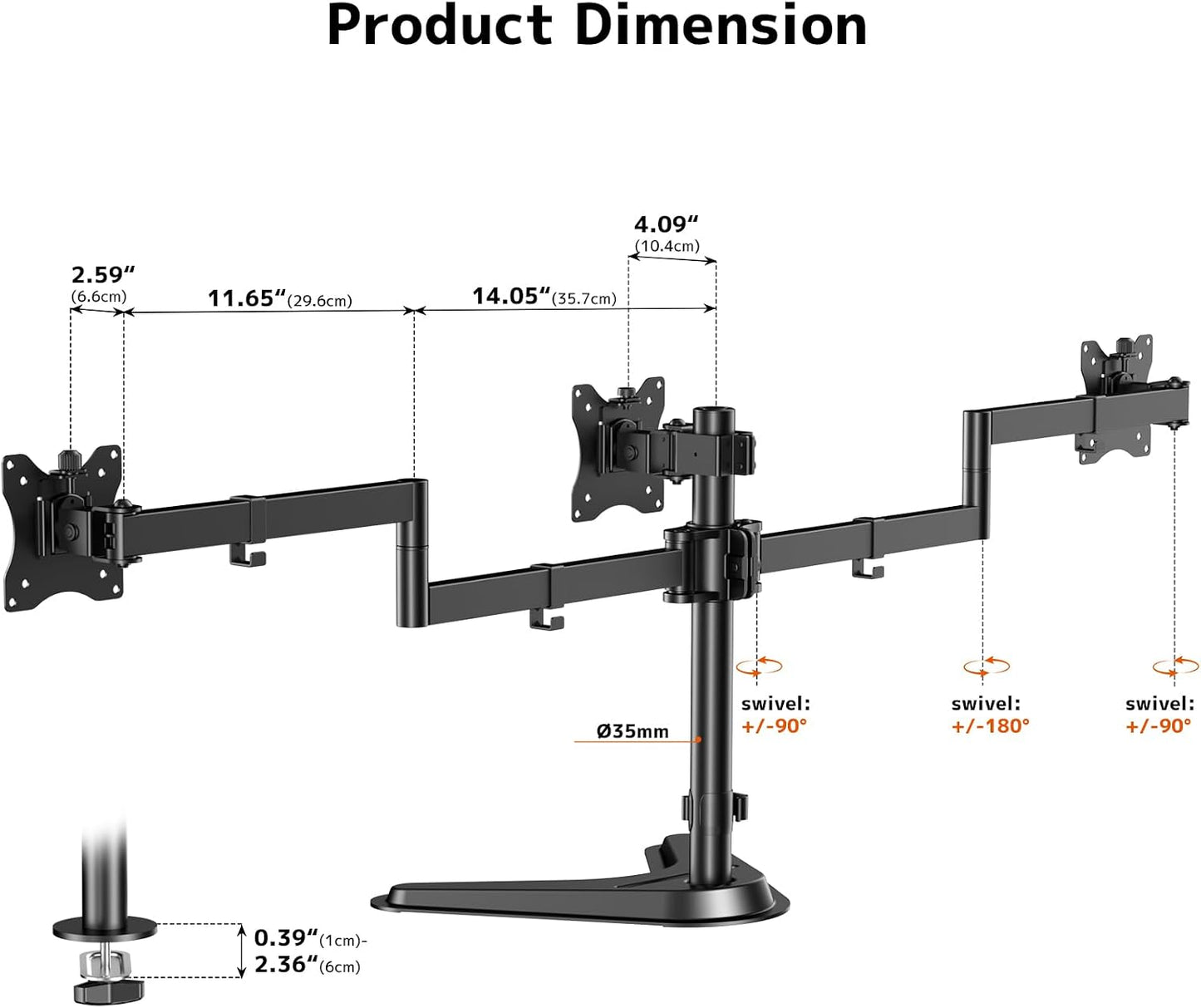 Triple Monitor Stand, Full Motion Arm Fits up to 27 inch | Free standing, Cable Management, 22 lbs Weight Capacity per Arm, 75/100 mm VESA, Black