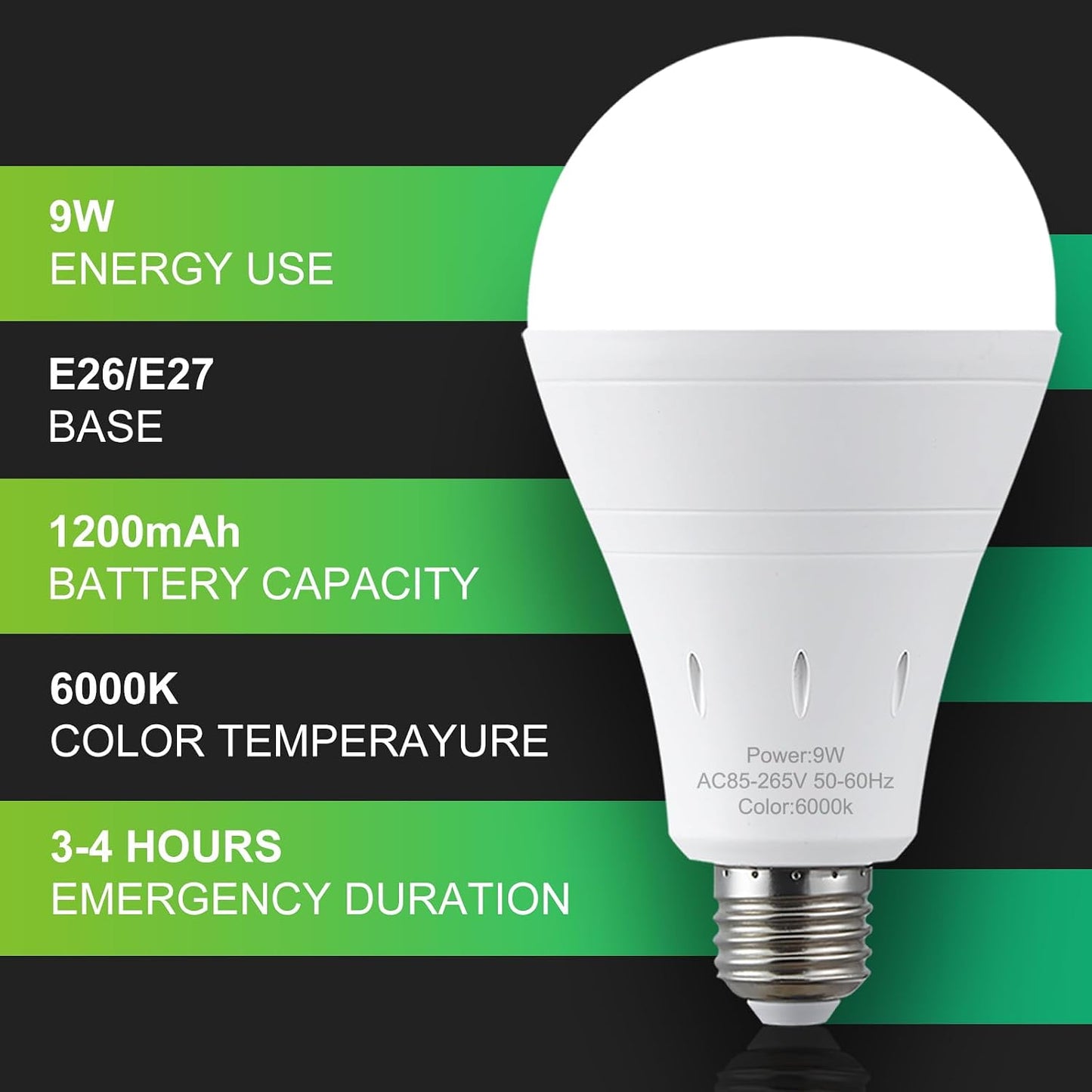 DEBAOBULB 4 Pack Rechargeable Emergency Light Bulbs, Battery Powered LED Light Bulb 6000K Daylight E26 120 Volt 9W 60W Equivalent with 1200mAh for Home Power Outage Camping Hurricane