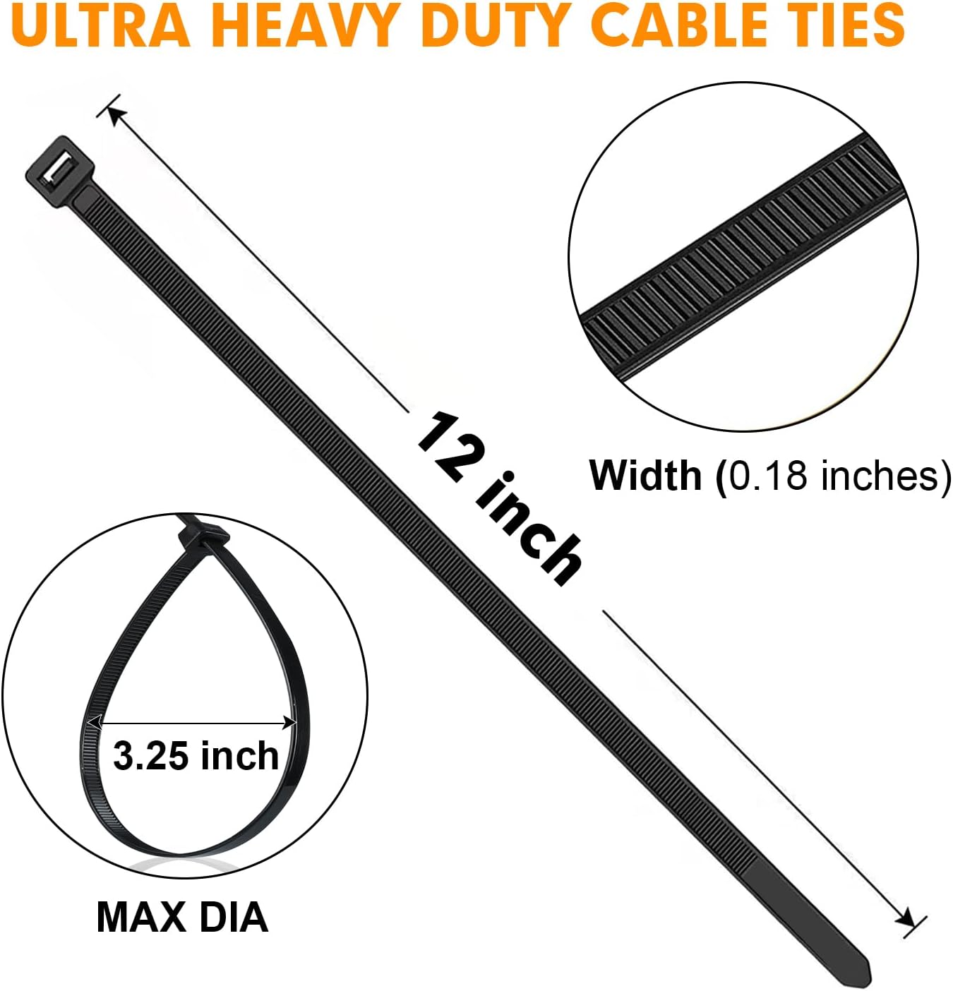 RAZCC 1200pcs Black Cable Zip Ties 12 Inch, Heavy Duty Plastic Nylon Tie Wraps with 50lb Tensile Strength for Indoor & Outdoor