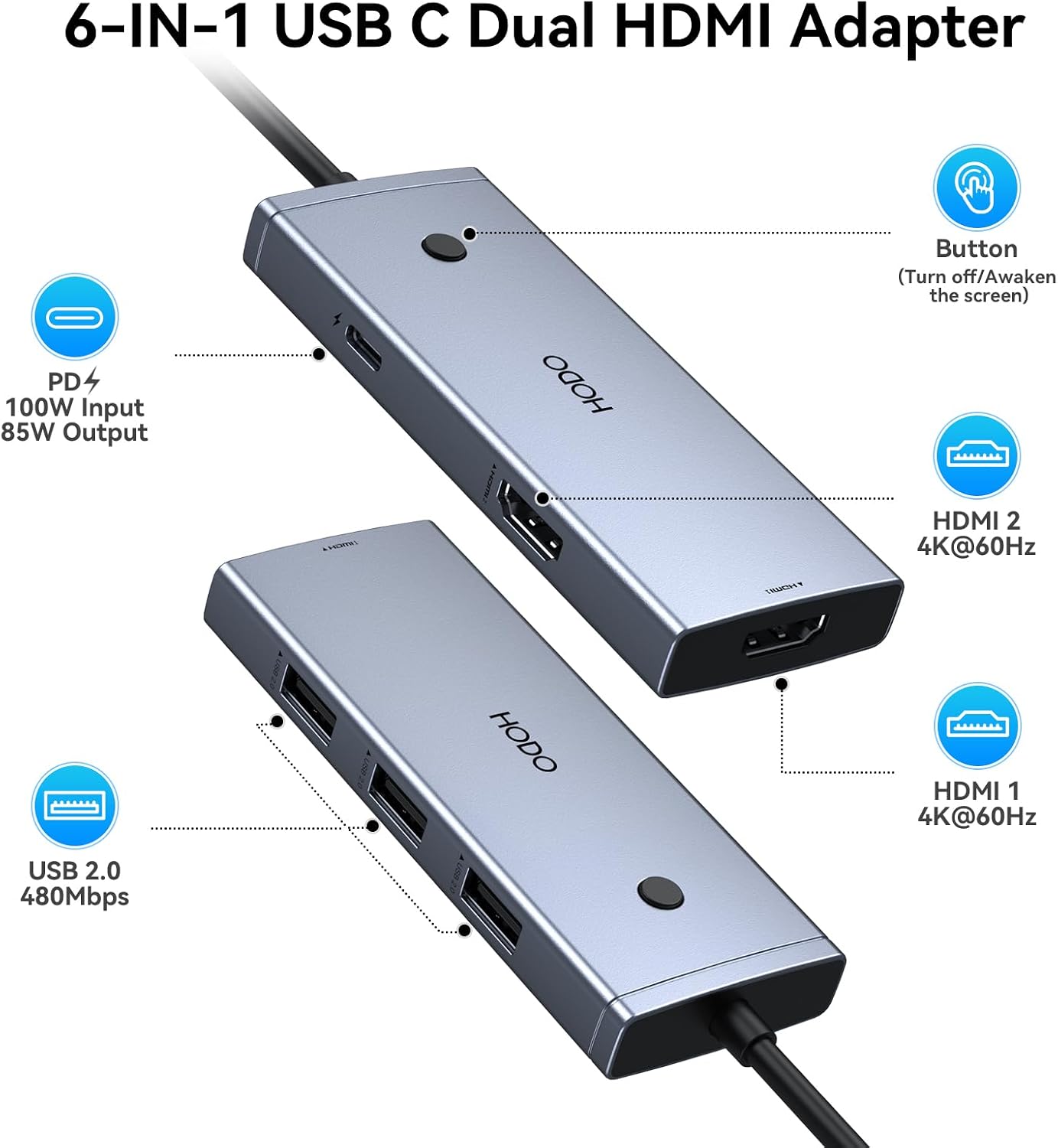 HODO Docking Station to Dual HDMI Monitors USB C to Dual HDMI Adapter 4K | Laptop Docking Station Dual Monitor with 2 HDMI PD 3 USB Port Compatible for HP Elitebook Dell XPS 13 15 etc