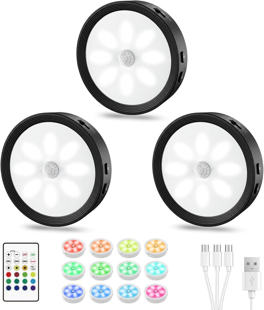 3-PACK Under Cabinet Lighting Rechargeable Puck Lights with Remote Black