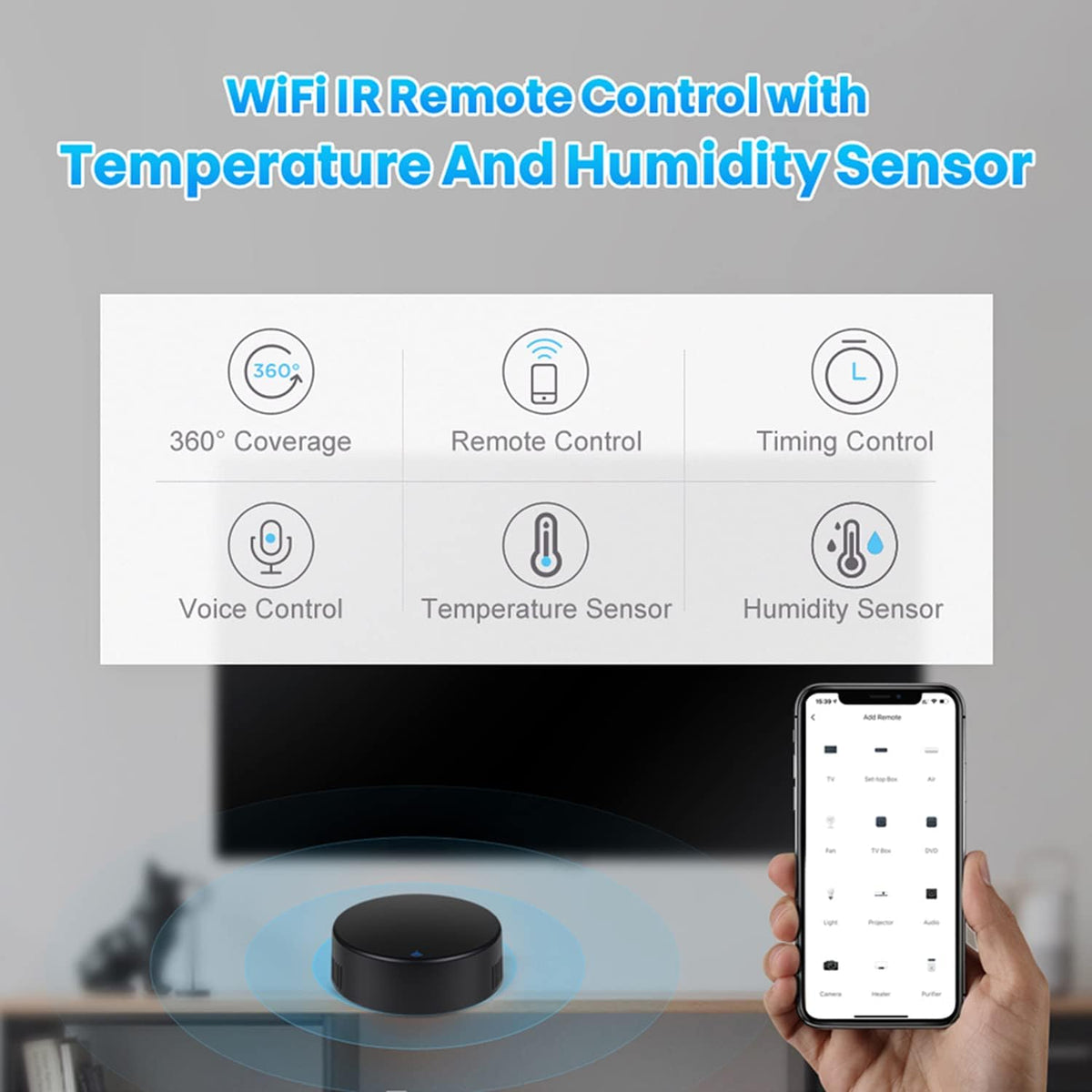 Smart IR Remote Control: Universal WiFi Infrared Remote Control with Temperature Humidity Sensor, App&Voice Control, 3in1 WiFi Thermometer Hygrometer, Compatible with Alexa, Google Assistant