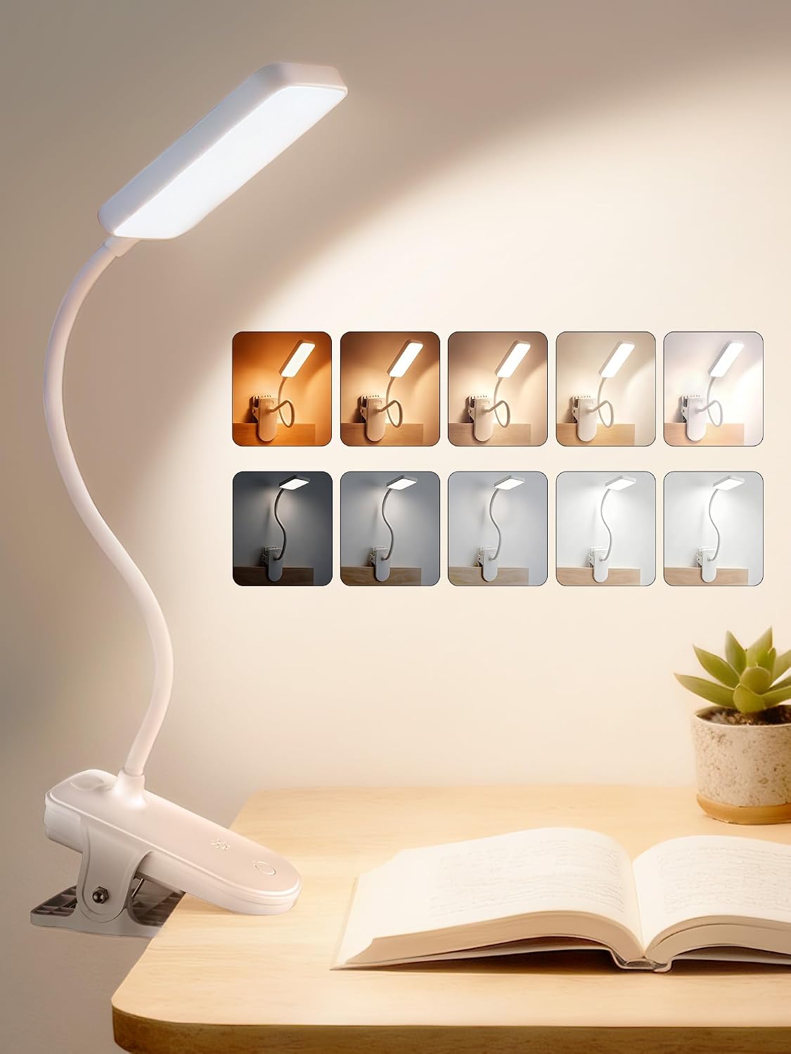 Clip on Light,45 Lighting Modes Rechargeable Desk Lamp with Clamp | 4000mAh Battery Operated Lamp,450 lm 48 LED Desk Light,Wireless & Cordless Reading Light for Bed/Bedside Table/Headboard/Dorm