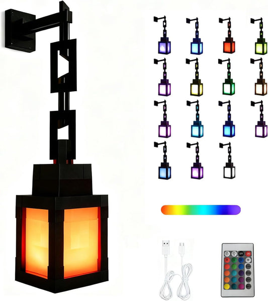 Pixel Lantern Night Light - 16 Color Changing LED Mood Light with Remote Control, Desk & Wall Mountable, Dimmable Timer for Bedroom, Nursery, Gaming Room Decor Gift 1 Pcs