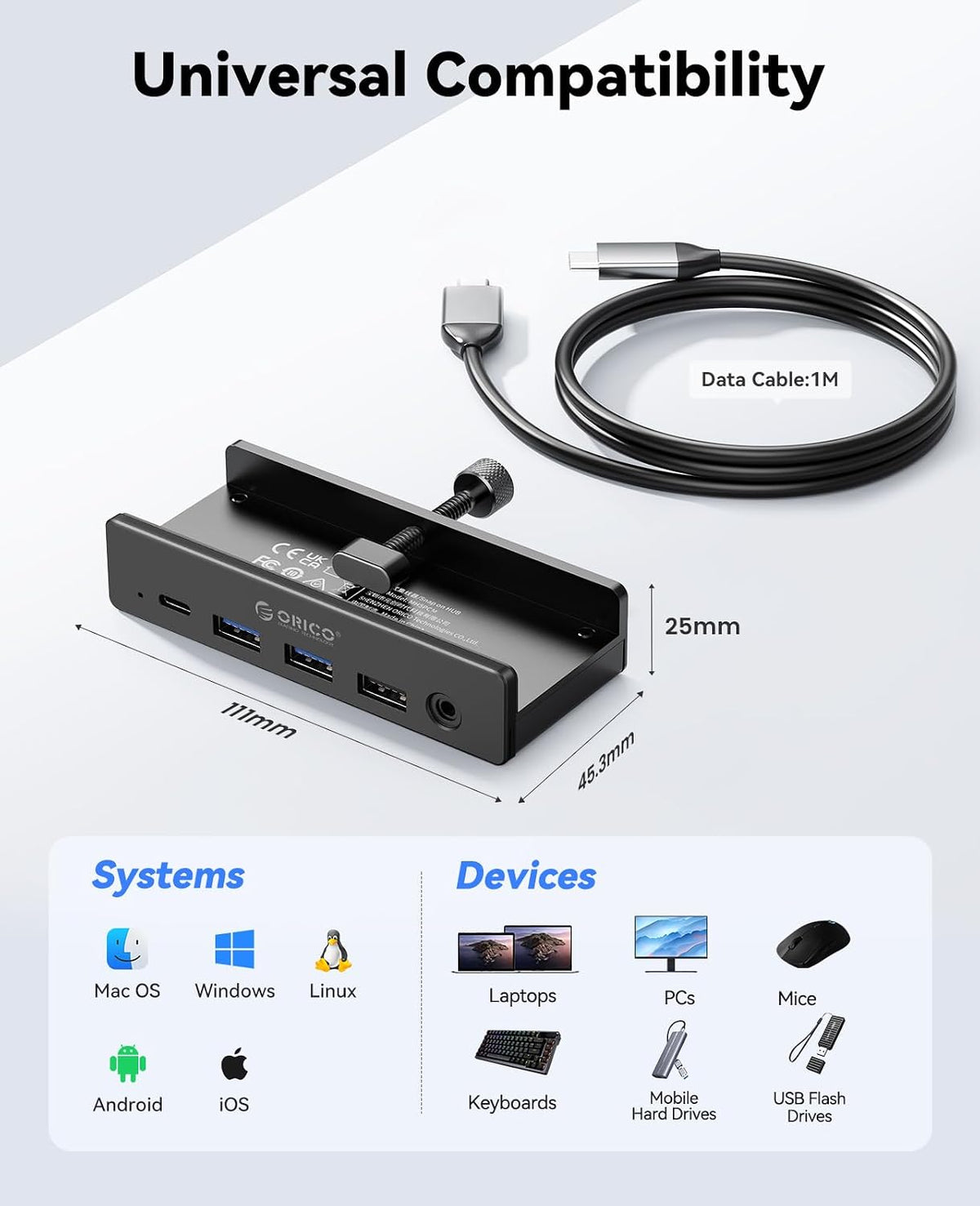 ORICO Clip Docking Station, 8-in-1 Clamp USB C Hub with 4K@60Hz HDMI, 100W PD, Gigabit Ethernet, 4xUSB Port, AUX, 10Gbps Clamp Docking Station for Laptop, MacBook, PC (Adapter Not Included)