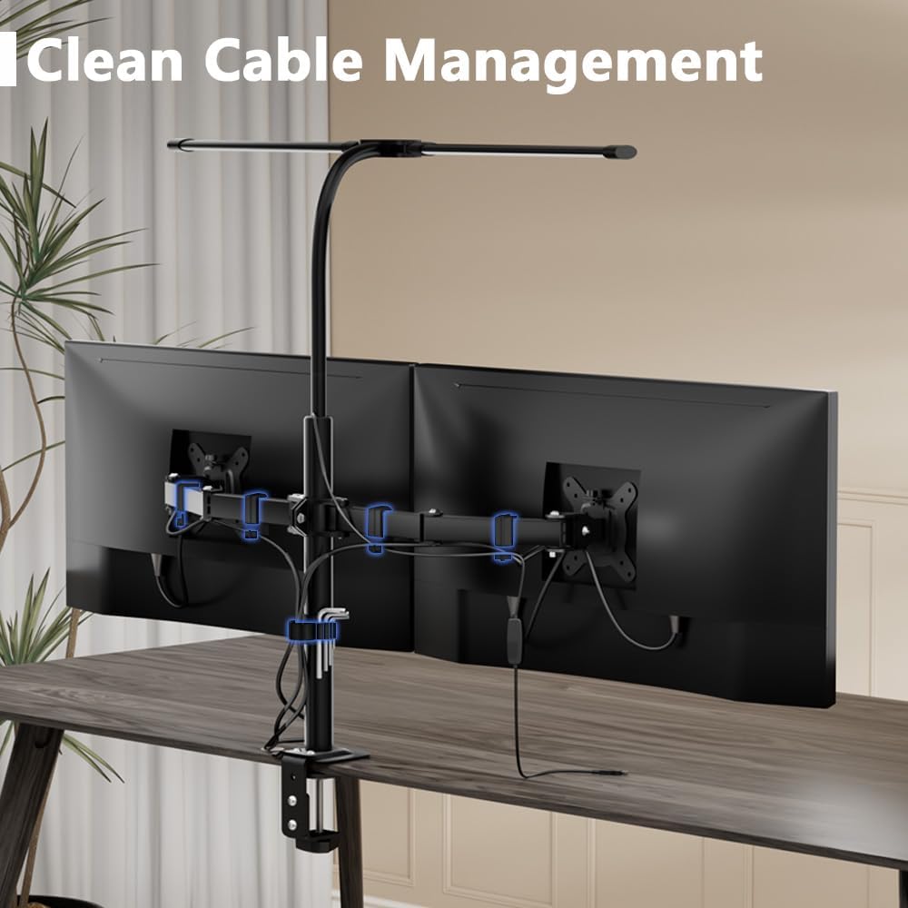 Dual Monitor Stand with LED Desk Lamp,Dual Monitor Mount for Desk Holds up to 30 Inches Screens, Supports 19.84 lbs per Monitor Arm, Swivel, Rotate and Tilt 2 Monitor Desk Mount