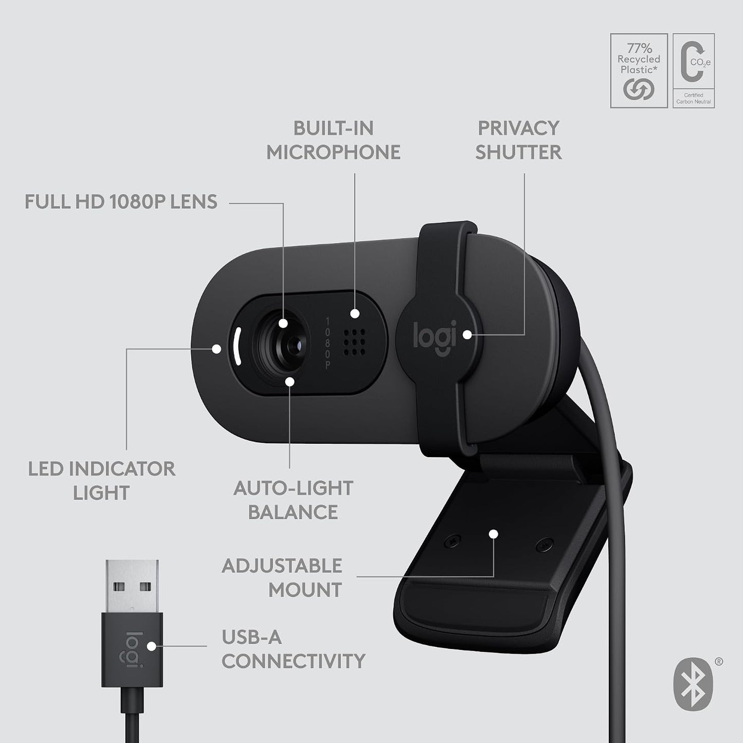 Logitech Brio 105 Full HD 1080p Business Webcam with Auto-Light Balance | 1080p with auto-light correction, built-in mic, privacy shutter, USB-C, compatible with Teams, Google Meet, Zoom and more