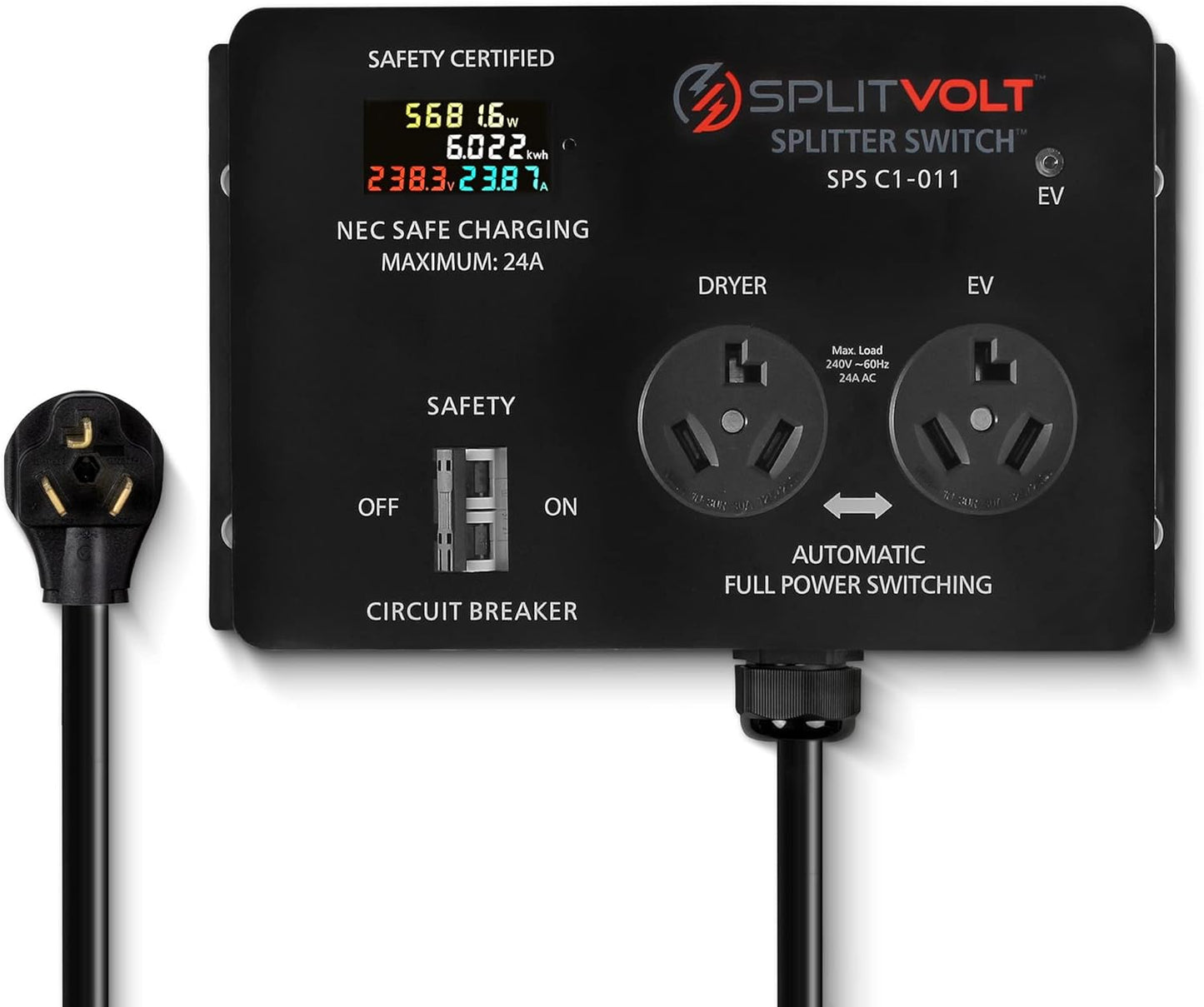 Splitvolt NEMA 10-30, 240V, 24 Amp Splitter Switch - Save Thousands on Home Electric Vehicle Charging EV Install, cETLus Certified, Auto Power Switching Between Dryer and EV or Two EVs, Plug and Play