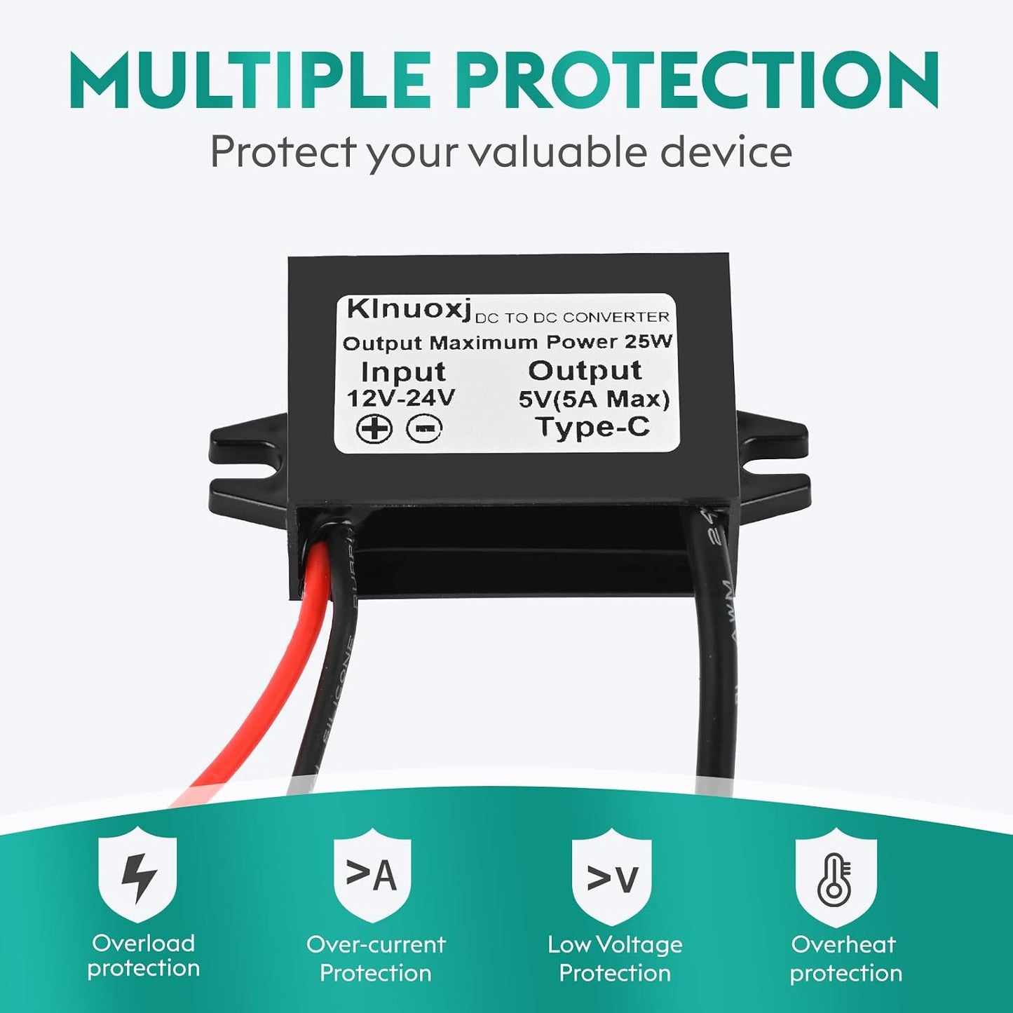 DC 12V/24V to 5V USB C Step Down Converter Type-C Interface 5A 25W Waterproof Buck Module Power Adapter Compatible with Raspberry Pi 4, Cell Phones 2-Pack