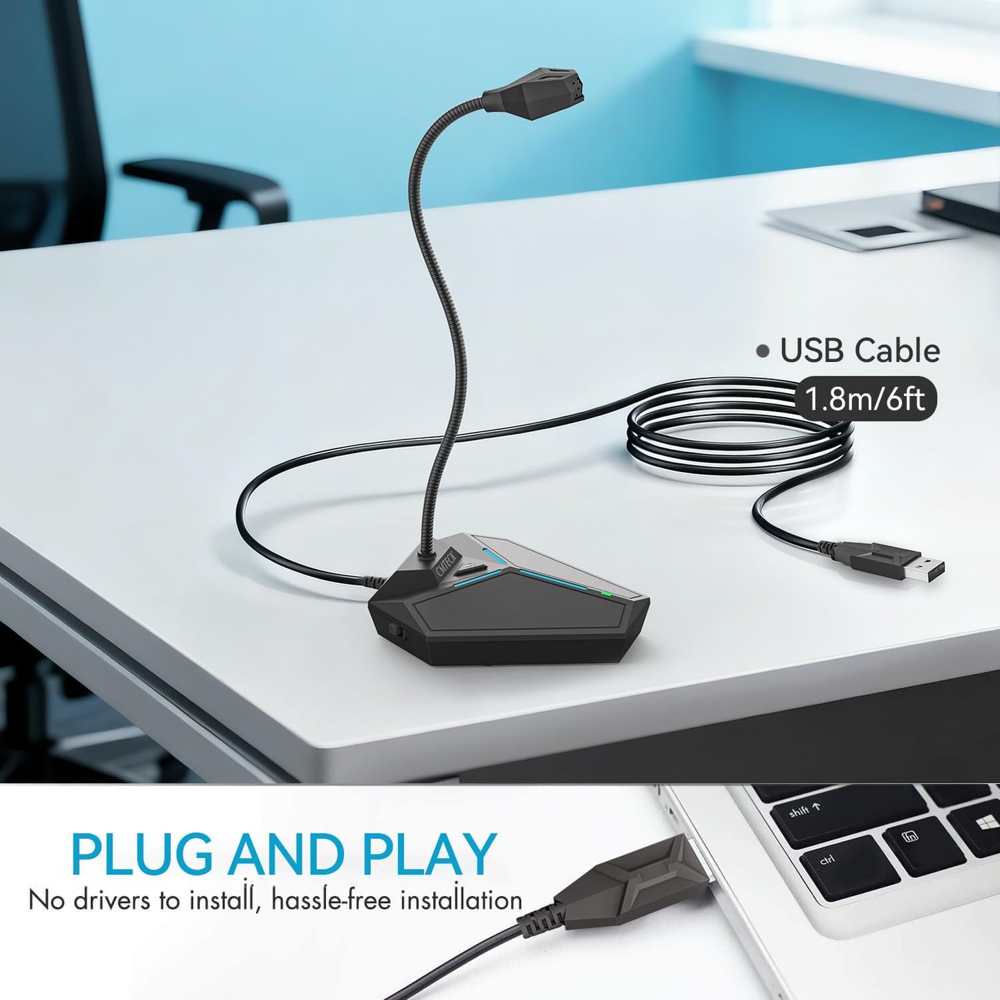 CMTECK USB Computer Microphone, Plug-and-Play, Studio-Quality for PC,Laptop | One-touch mute with LED indicator, noise-cancelling, 360° adjustable extra-long gooseneck desktop Mic. Works with Windows/Mac