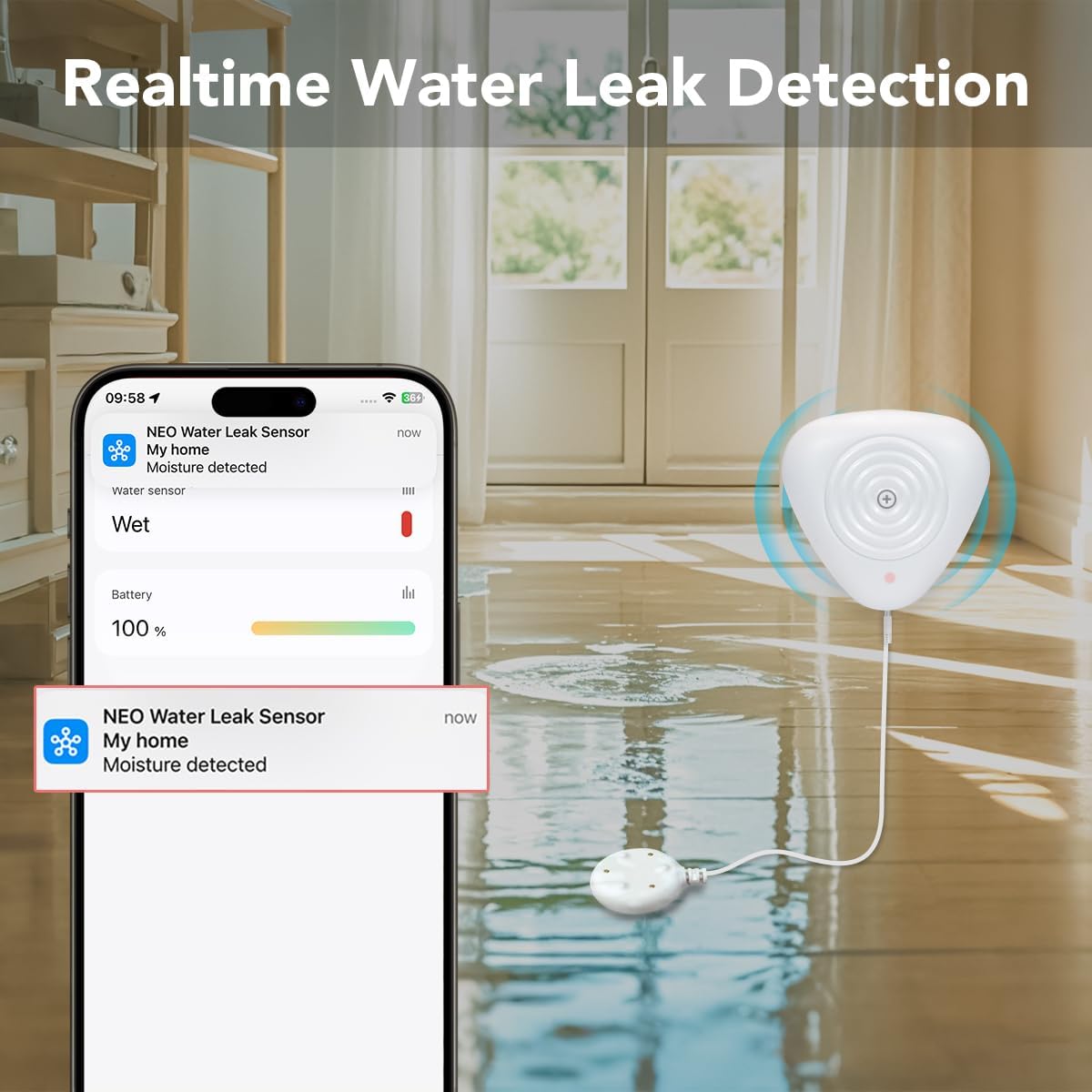NEO Zigbee 3.0 Water Leak Detector, Smart Water Sensor Alarm for Home & Basement, Compatible with SmartThings and Home Assistant (ZHA & Z2M), 2 Pack