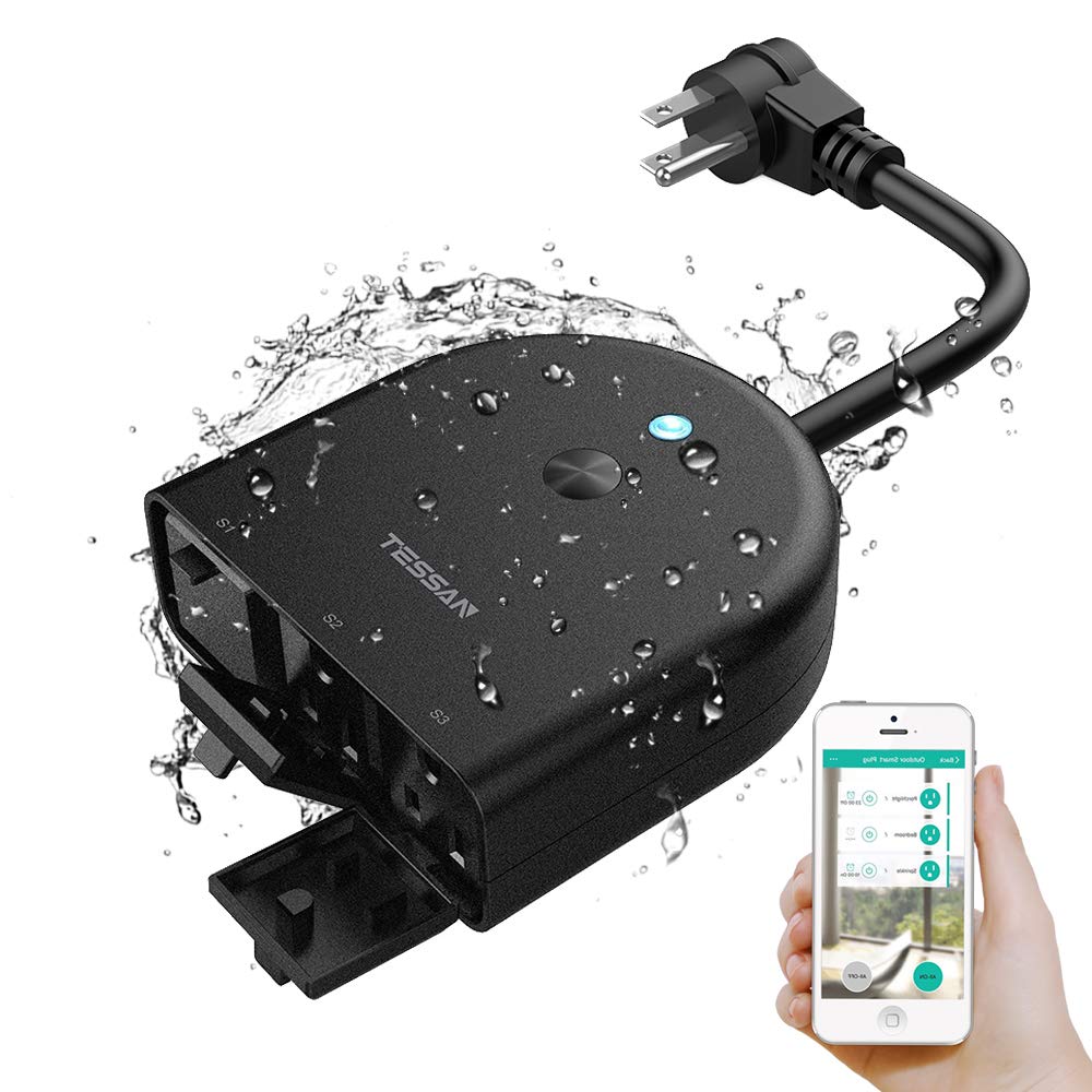TESSAN Outdoor Smart Plug Waterproof, 2.4GHz WiFi Only, 15A/1875W Heavy Duty, 3 Individual Sockets Compatible with Alexa Google Home, Remote Control Timer