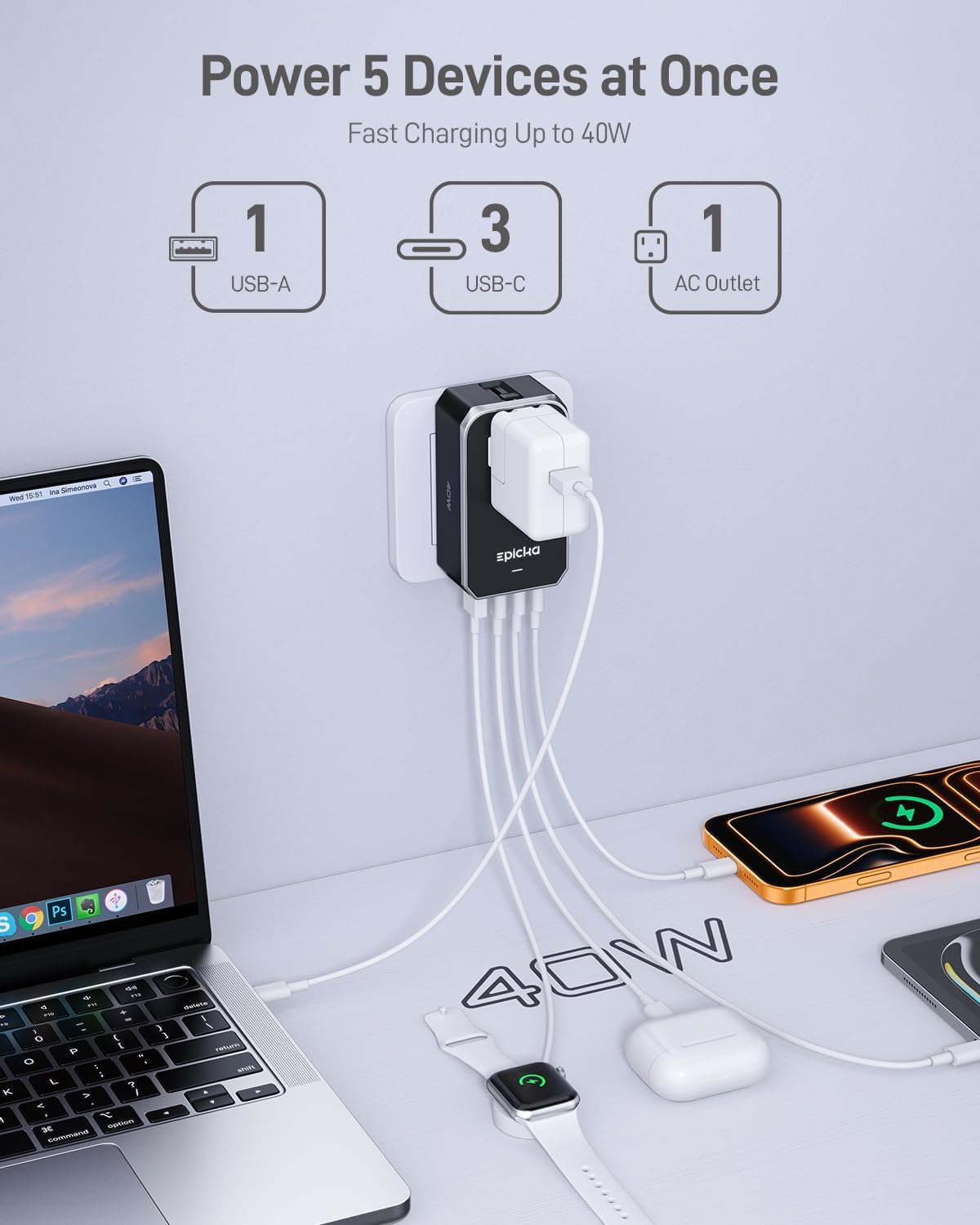 EPICKA Air 40W Universal Travel Adapter PD&QC with 1AC/3USB-C/1USB-A | Slim & Compact Size Plug Adapter For US EU UK AU, Supports Fast Charging for Multi-Device, Not A Voltage Converter, Black