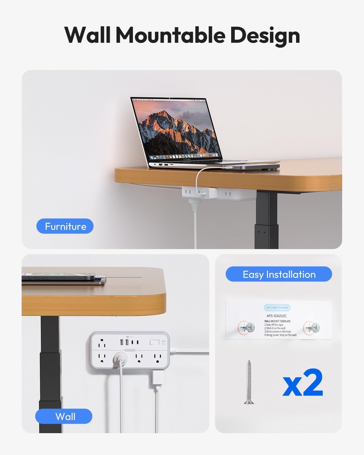 Flat Extension Cord 25 FT, NTONPOWER Long Power Strip, 10 Outlets 4 USB Ports (2 USB C), 3 Side 3 Prong & 2 Prong, Overload Protection, Flat Plug Wall Mount, White, SurgePro