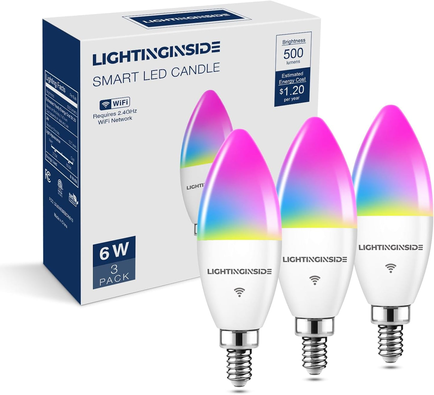 Lightinginside E12 Smart Light Bulbs 60W Equiv., Work with Alexa/Google Home/SmartLife, 500LM 6W RGBCW Candle Candelabra LED Bulbs, No Hub Required, 2.4G WiFi & BLE Chandelier Bulb, ETL Listed, 3PCS