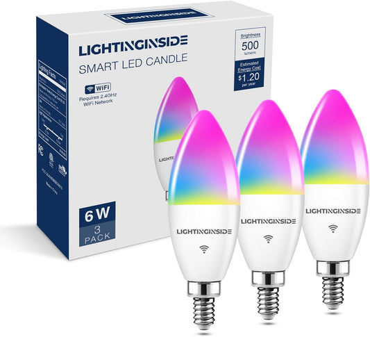 Lightinginside E12 Smart Light Bulbs 60W Equiv., Work with Alexa/Google Home/SmartLife, 500LM 6W RGBCW Candle Candelabra LED Bulbs, No Hub Required, 2.4G WiFi & BLE Chandelier Bulb, ETL Listed, 3PCS