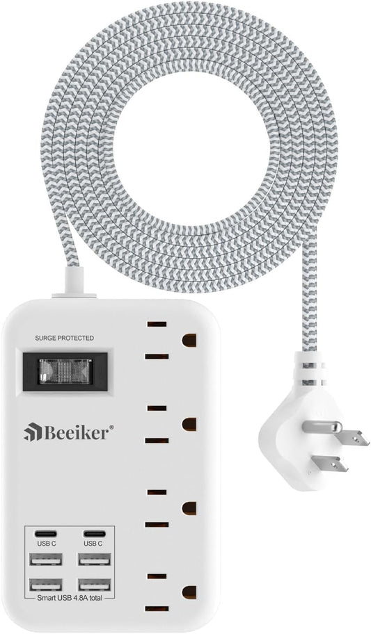 6 USB Travel Power Strip,4 Outlets,5Ft Extension Cord,Surge Protector,13A | 2 USB C,6 USB Charging Station,5Ft Braided Extension Cord,Surge Protector,Switch,Wall Mount,Flat Plug,For Travel Office Dorm