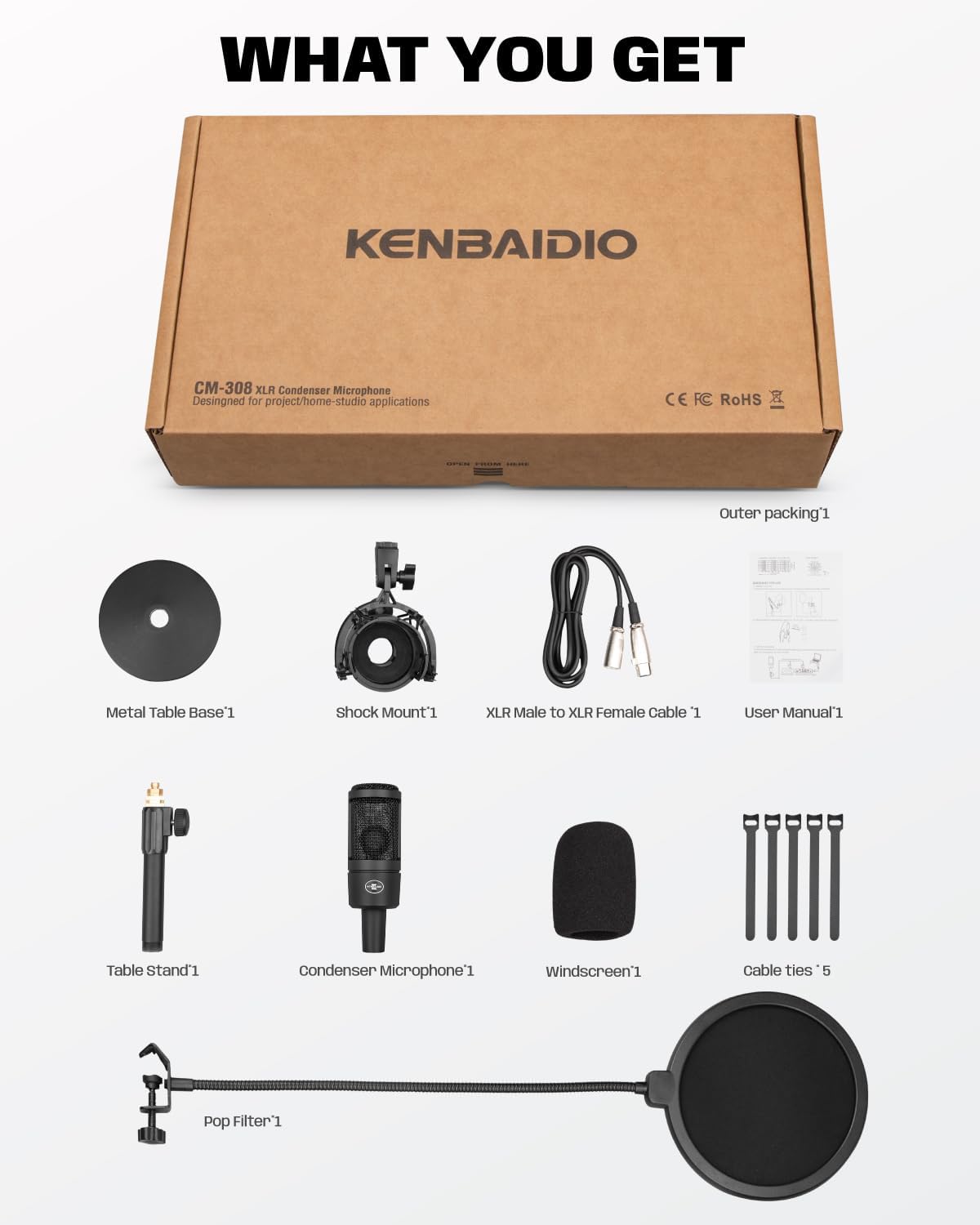 XLR Condenser Microphone with 26mm Large Diaphragm, Professional Cardioid Recording Studio Mic Kit with Metal Desktop Stand, Pop Filter for Streaming, Podcasting, Gaming, Voice-Over, Vocal, Youtube