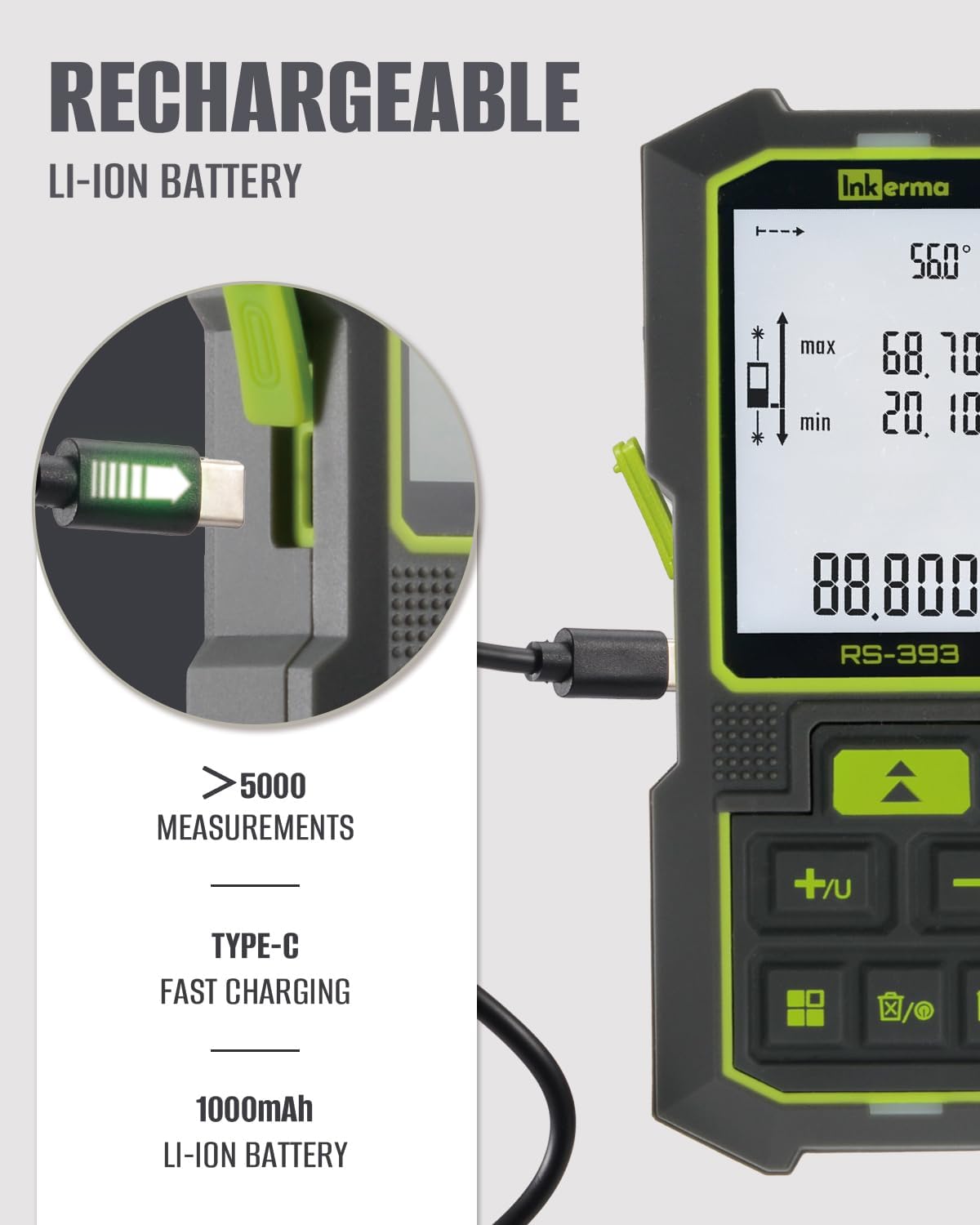 Dual Laser Measurement Tool, 393Ft/120M Bilateral Laser Distance Meter, Rechargeable Laser Measure with Ft/in/M Multiple Units, Angle Sensor, Pythagorean Mode, Area and Volume