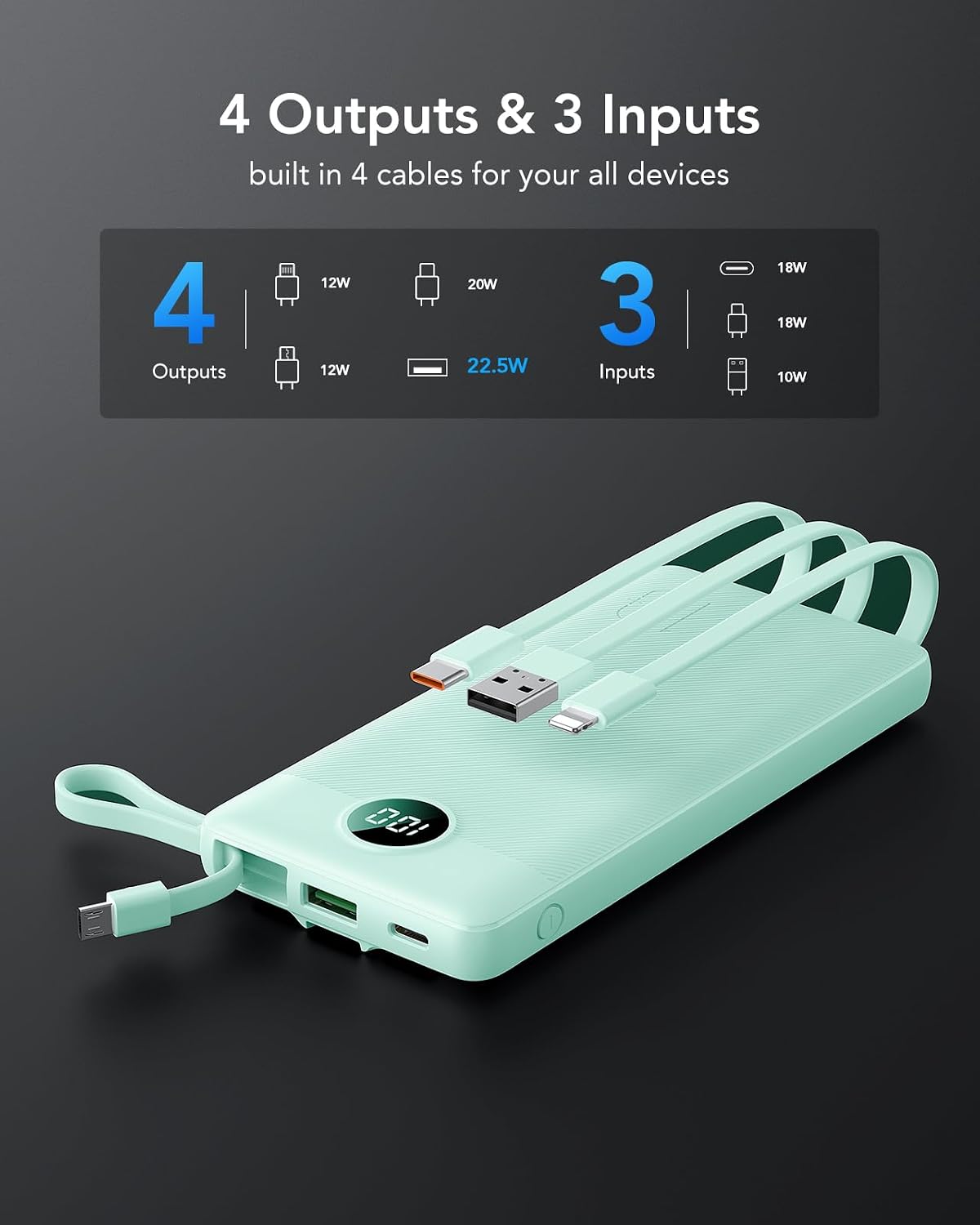 VRURC Portable Charger, 22.5W Fast Charging Power Bank Built‑in 4 Cables | 10000mAh Slim Lightweight Travel Battery Pack for iPhone, Samsung & Multi Devices, Pocket‑Friendly with Lanyard-Green(1 Pack)