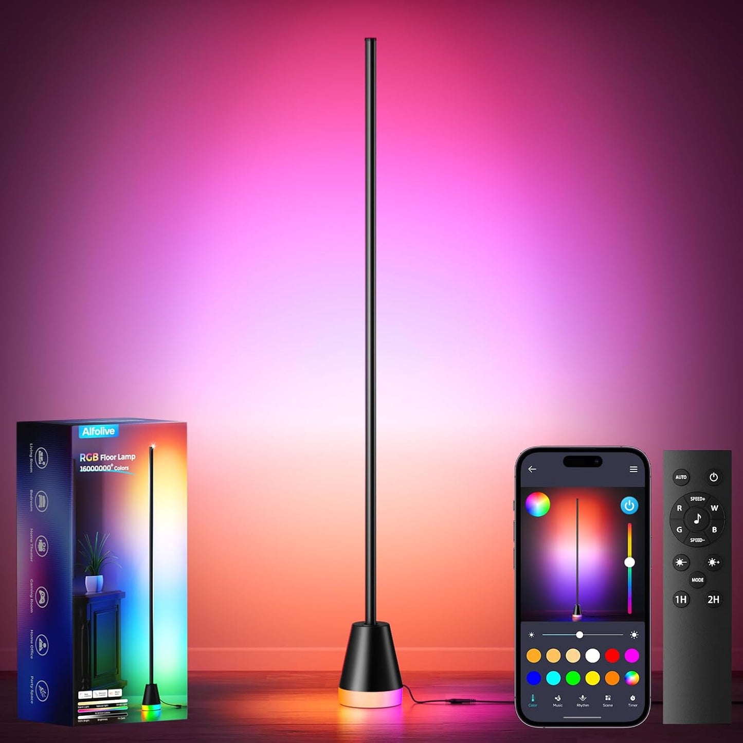 Corner Floor Lamp, Smart RGB Lamps for Living Room Bedroom, APP & Remote Control Tall Standing LED Lights, 16 Million DIY Colors Cool Modern Ambient Lighting with Music Sync & Timer, Black