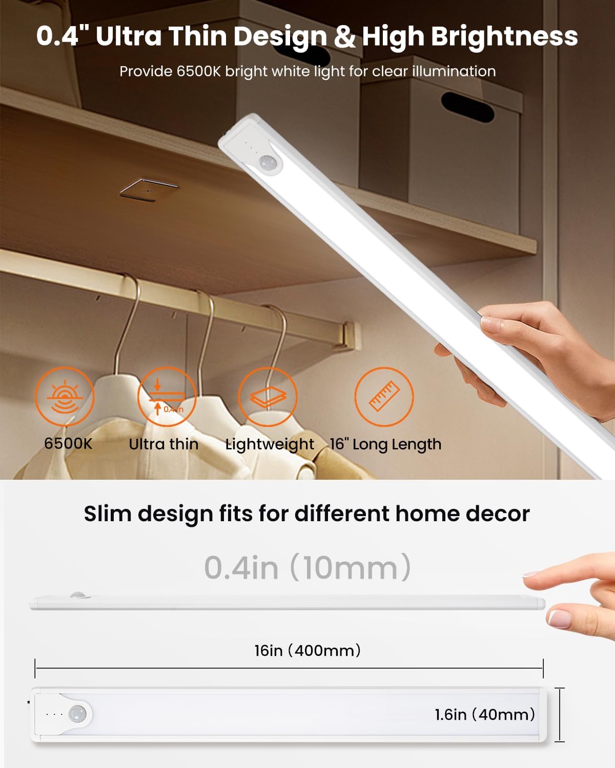 16 Inch Under Cabinet Lights, 83 LED Rechargeable Magnetic Motion Sensor Light Indoor, Brightness Dimmable 6500K Stepless Dimming Closet Light, for Under Counter, Kitchen, Stairs, Closet, 2 Packs